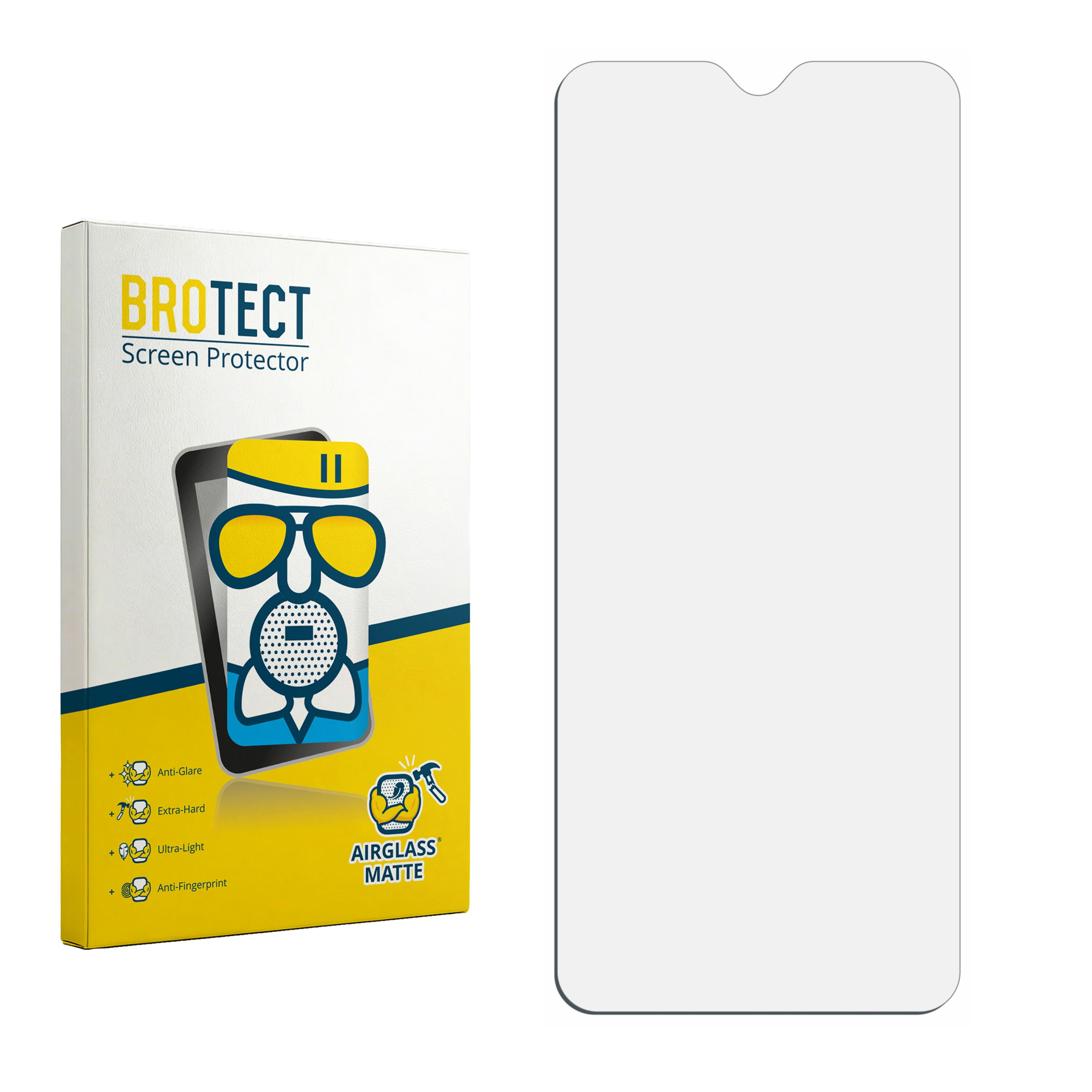 Eine BROTECT Airglass Matte Displayschutzfolie und deren Verpackung.