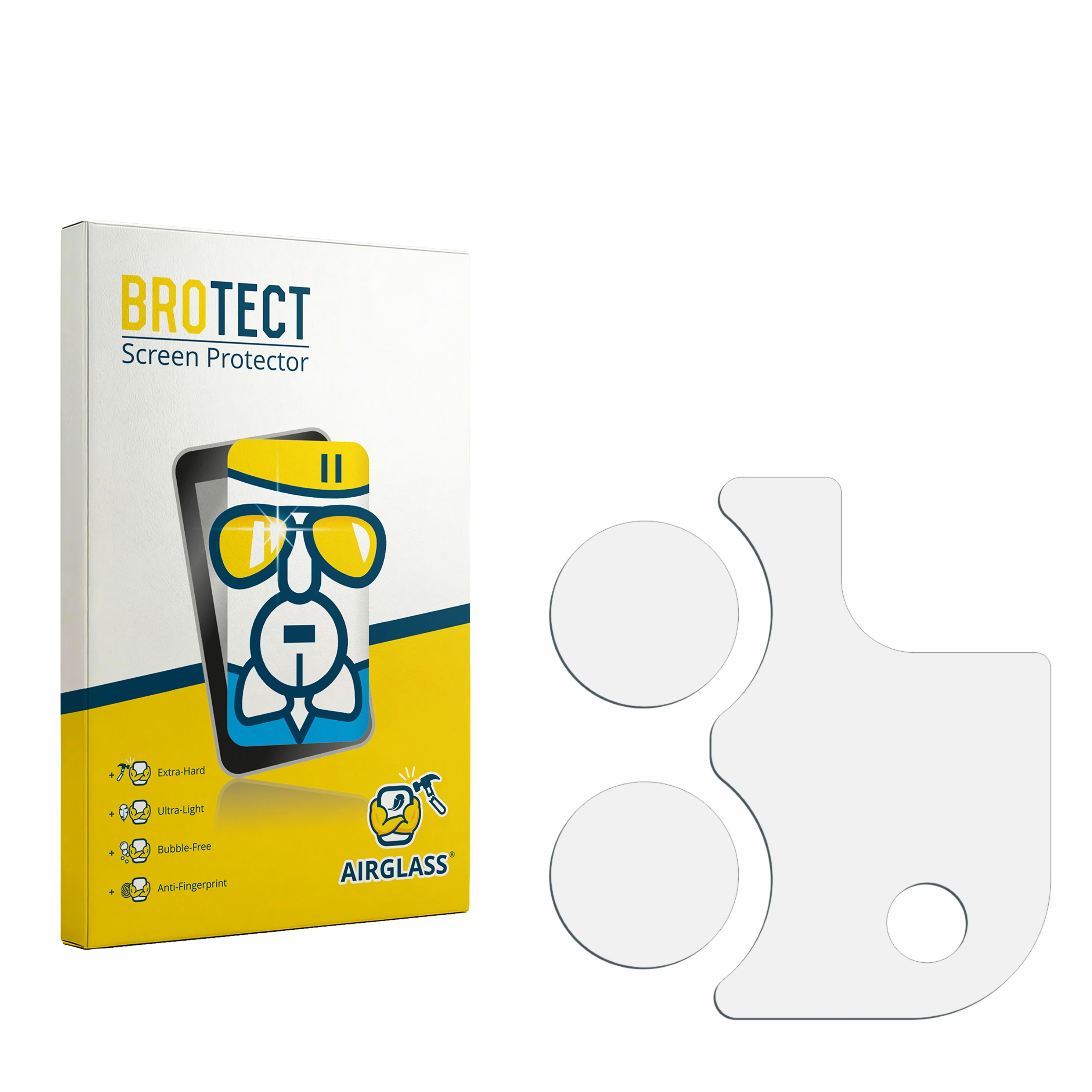 BROTECT Screen Protector Schachtel mit Funktionen und eine klare Kunststoff-Displayschutzfolie.