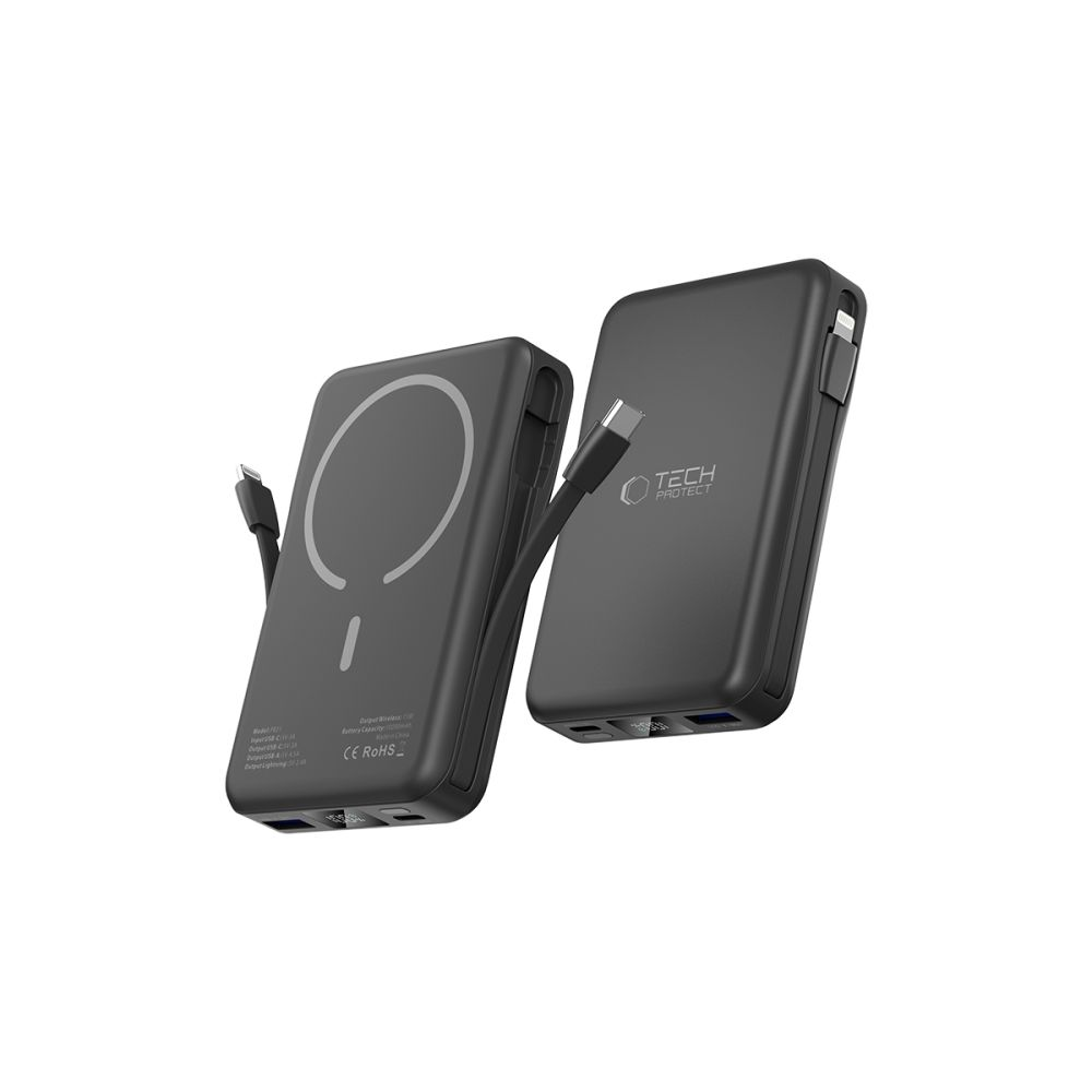 Zwei schwarze Powerbanks mit Ladeanschlüssen und Kabeln, eine mit einem kreisförmigen Magnetlogo.