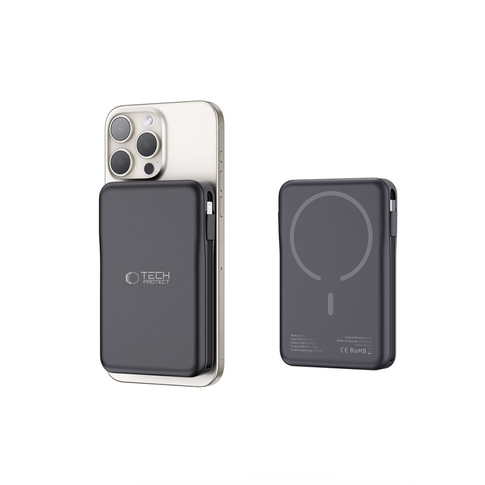 Ein graues Handy mit einem schwarzen magnetischen Ladegerät auf der Rückseite. Ein weiteres Ladegerät daneben.