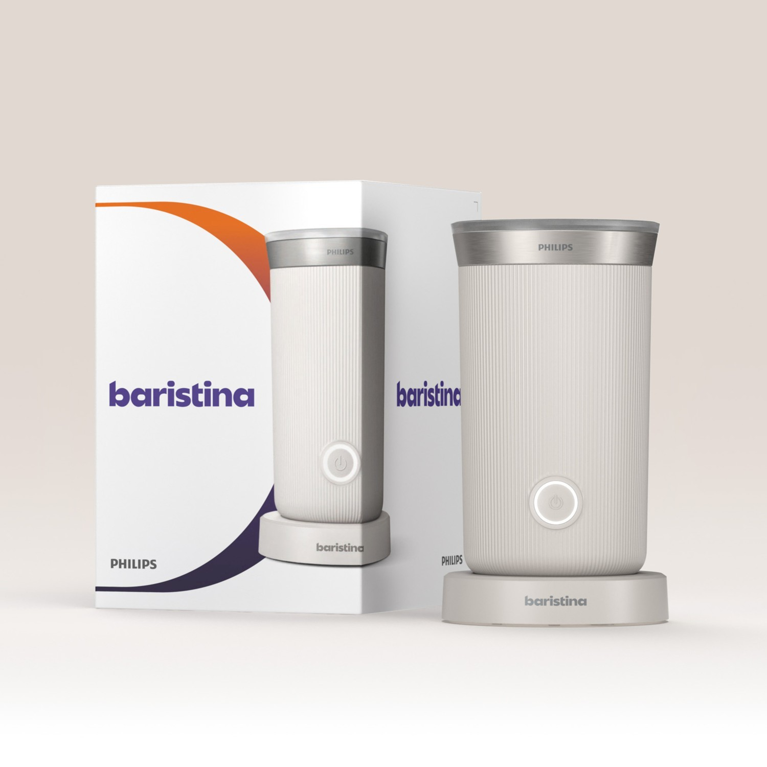 Ein weier Philips Baristina Milchaufschäumer neben seiner Verpackung.