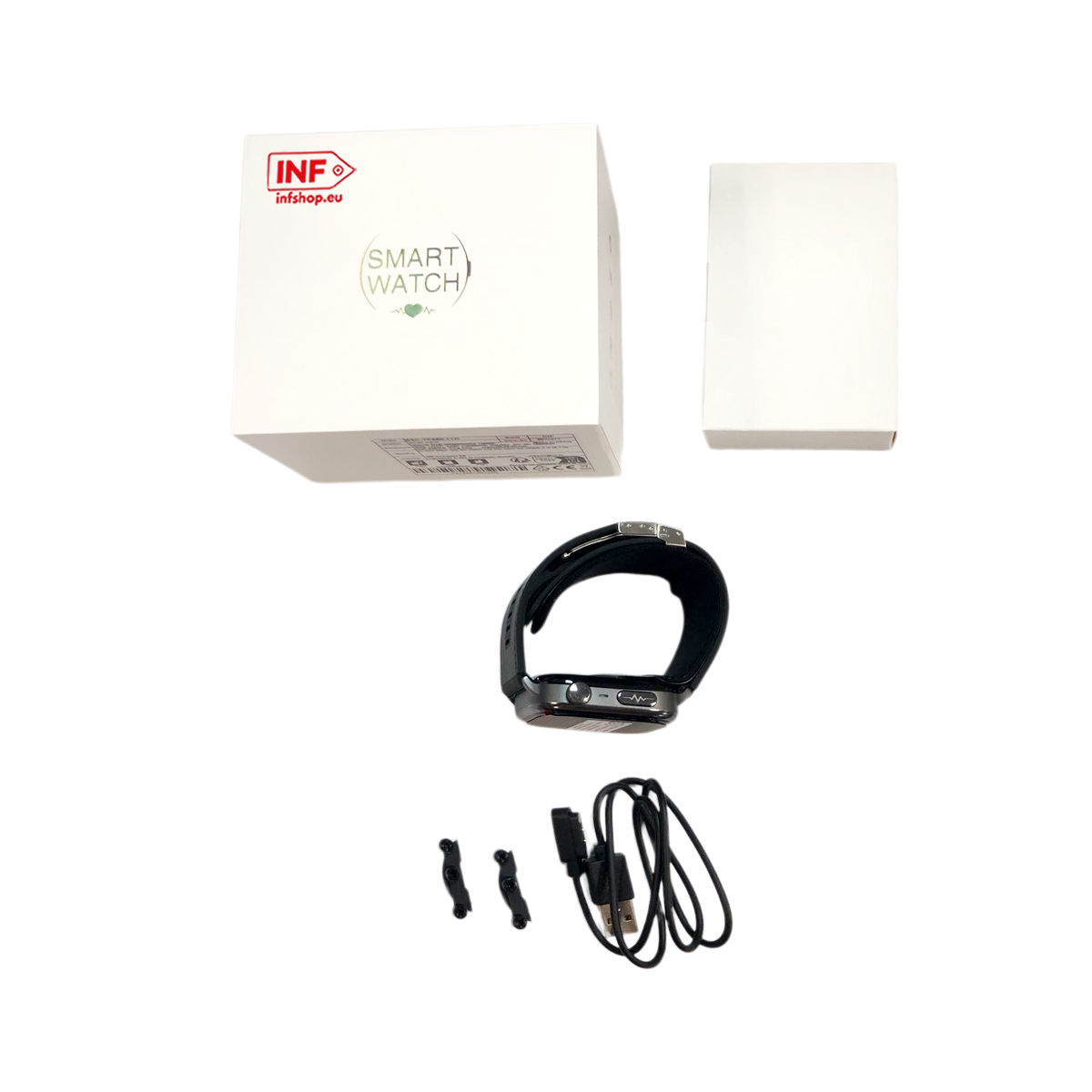 Smartwatch-Box, weiße Box, schwarze Smartwatch, Ladekabel und Zubehör auf weißem Hintergrund.