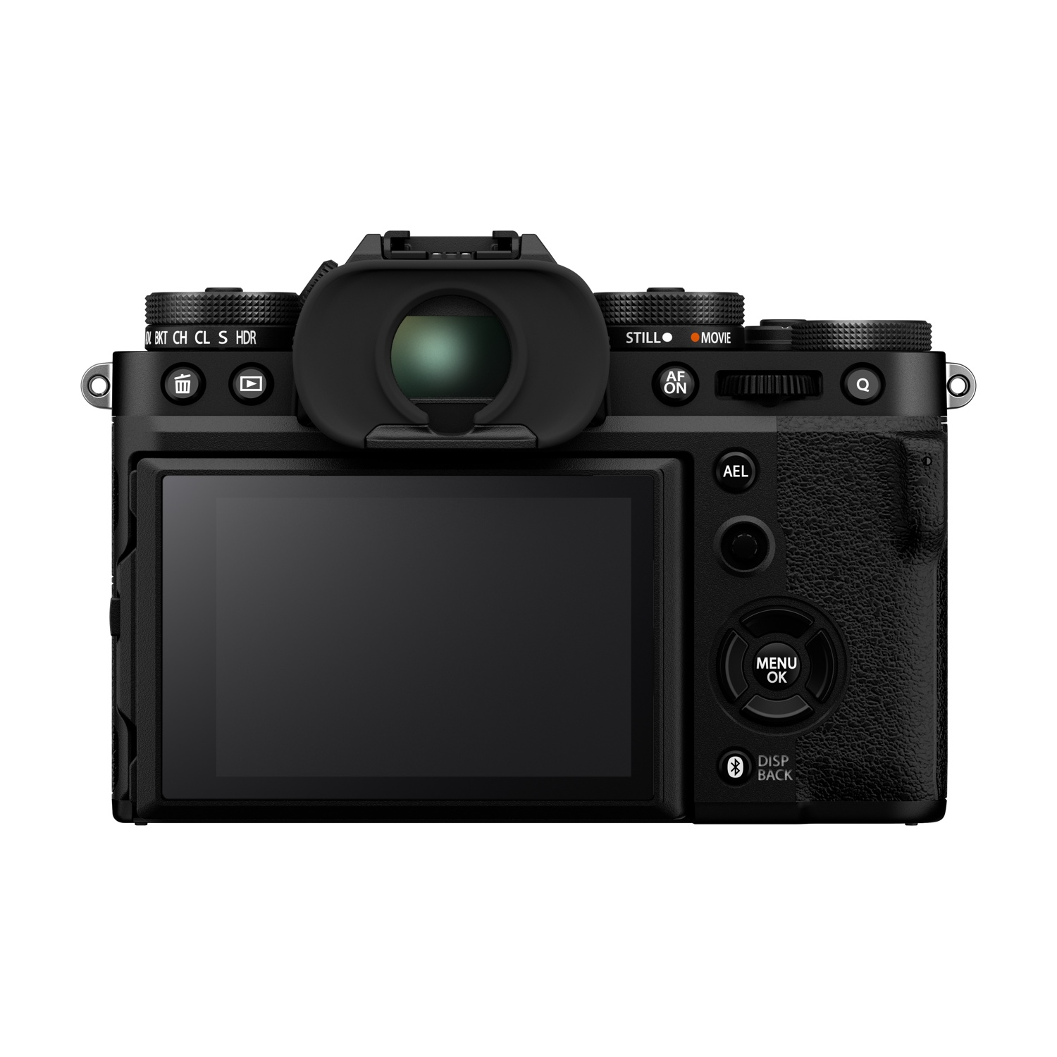 Achterkant van een zwarte digitale camera met scherm en knoppen.