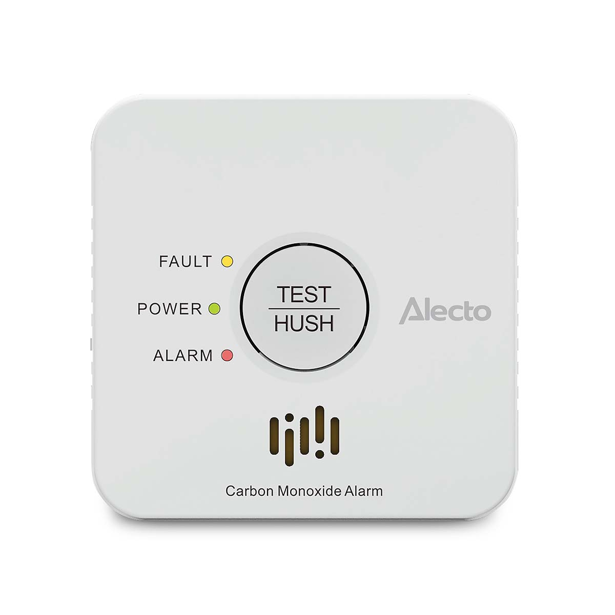 A white Alecto carbon monoxide alarm with test/hush button and status indicators.