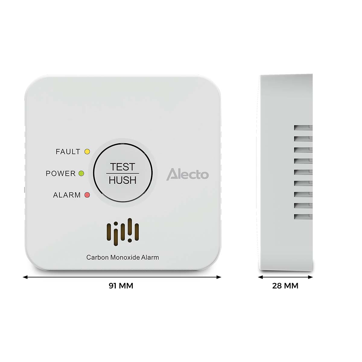 White Alecto Carbon Monoxide Alarm with Test/Hush button and LED indicators.