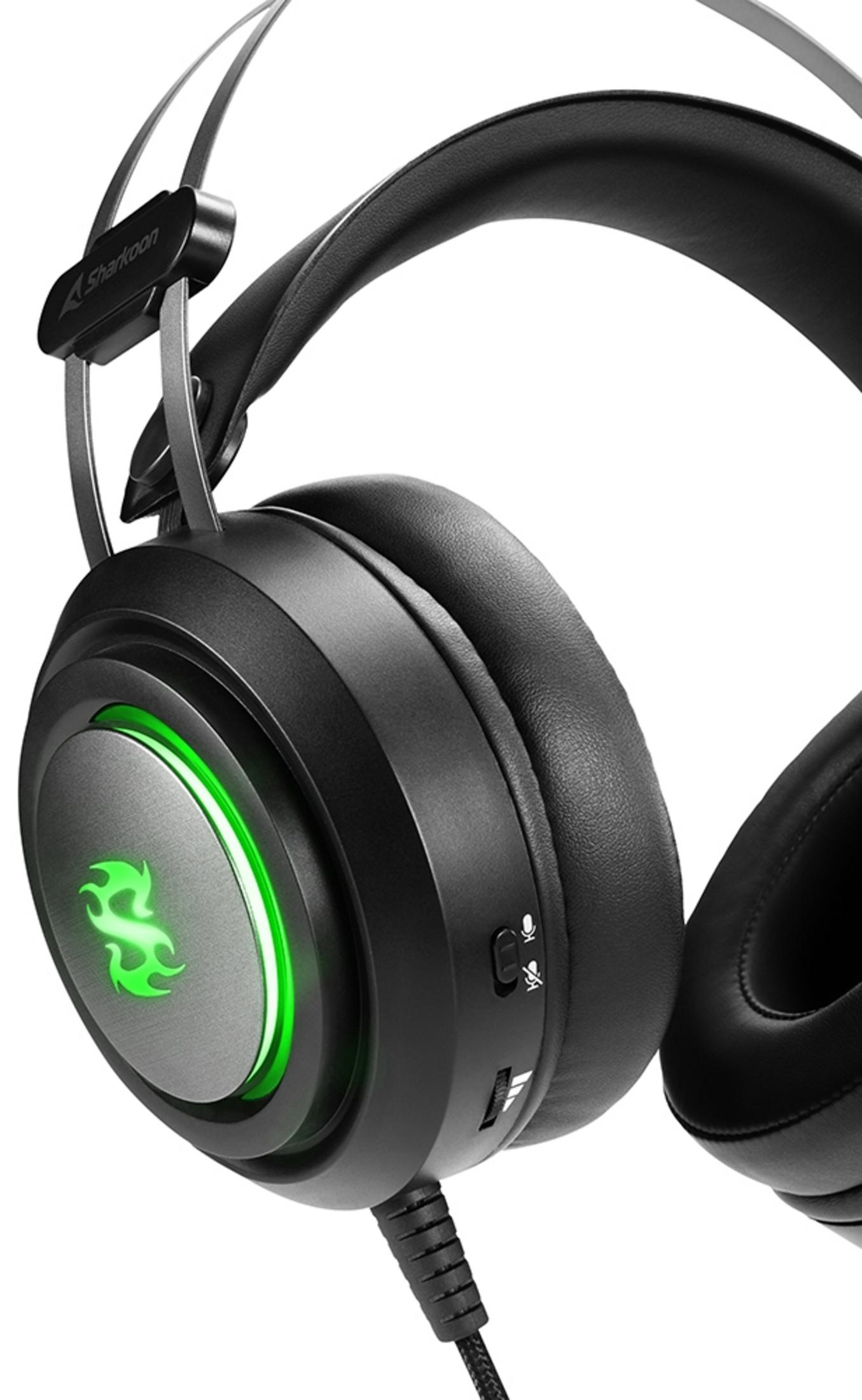 Schwarze Gaming-Kopfhörer mit grüner Beleuchtung und Lautstärkereglern.