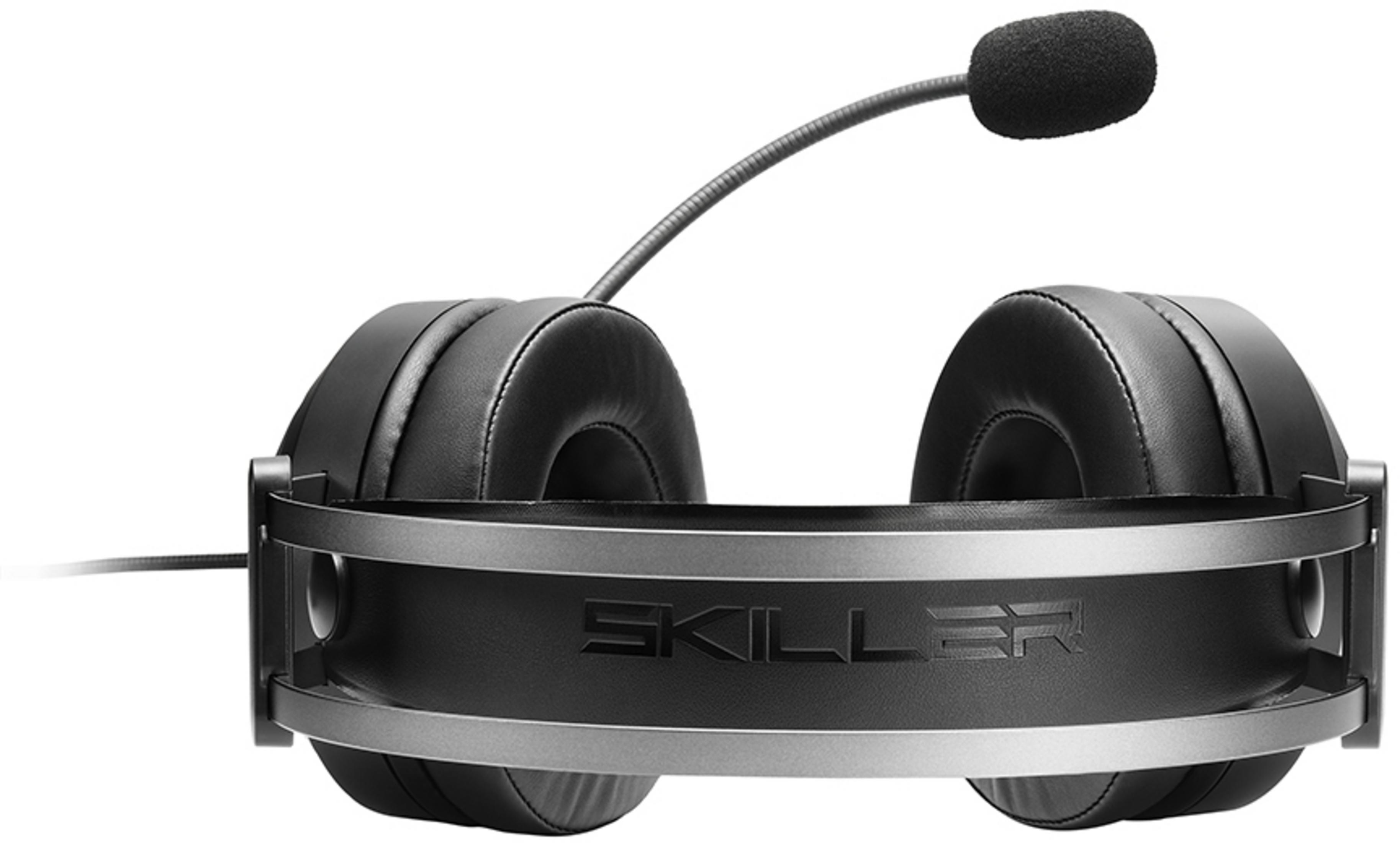 Schwarzer Gaming-Kopfhörer mit Mikrofon und Silberdetails.