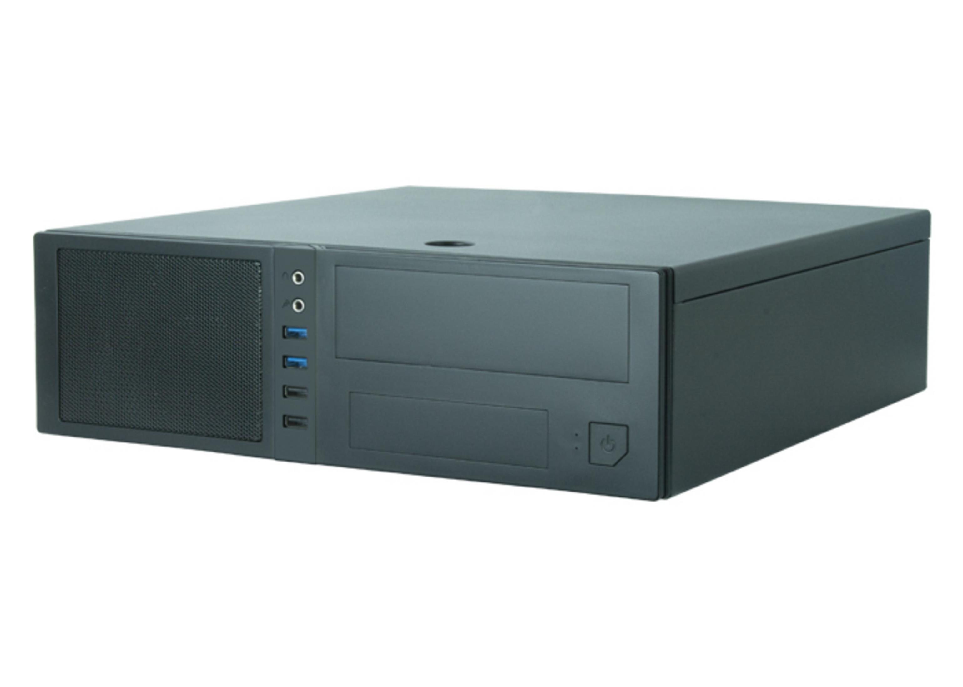 Czarna obudowa komputera z kratką wentylacyjną i portami USB.