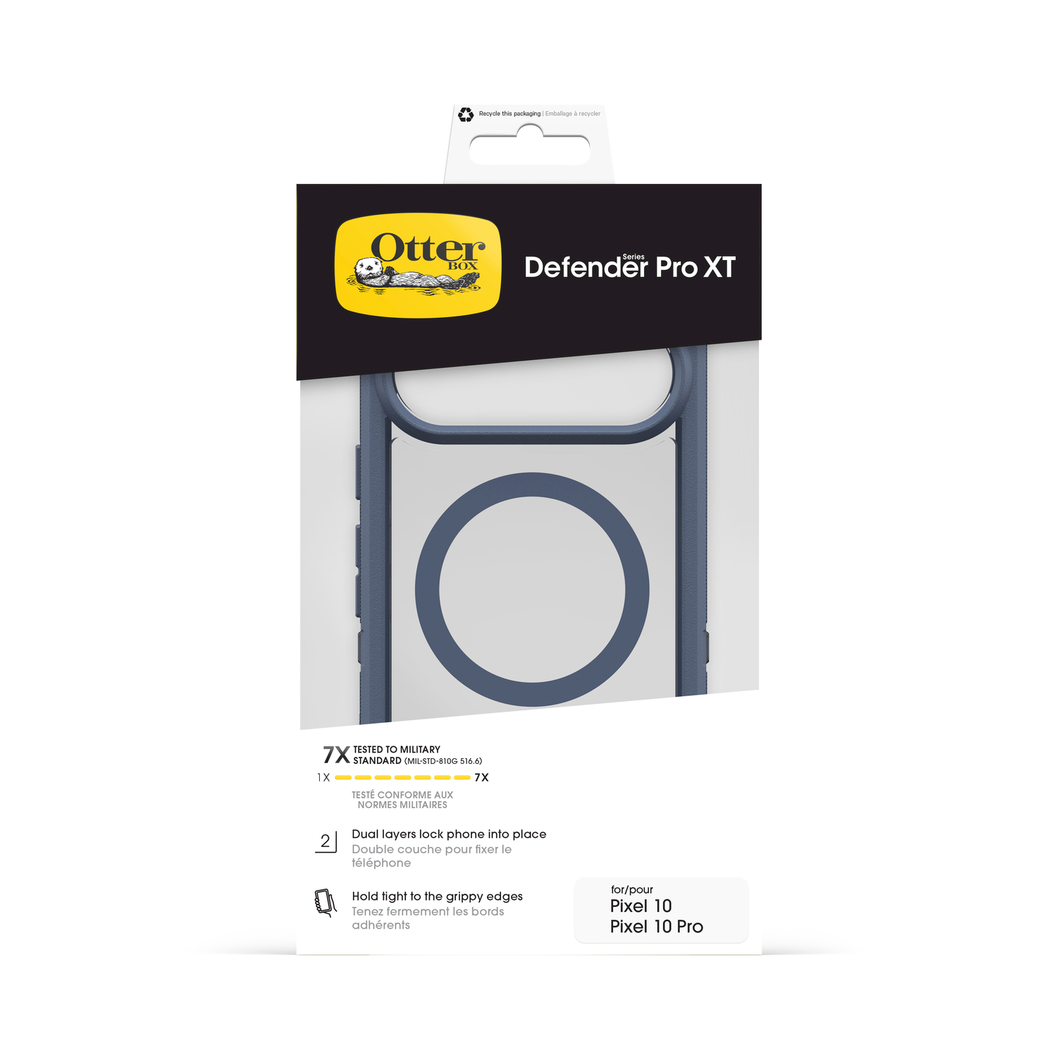 Emballage étui OtterBox Defender Pro XT pour Pixel 10/10 Pro. Étui bleu montré.