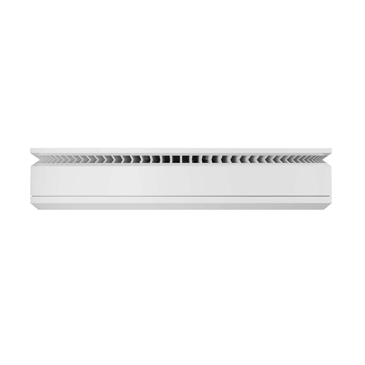 A white, rectangular electronic device featuring ventilation slits along the top.