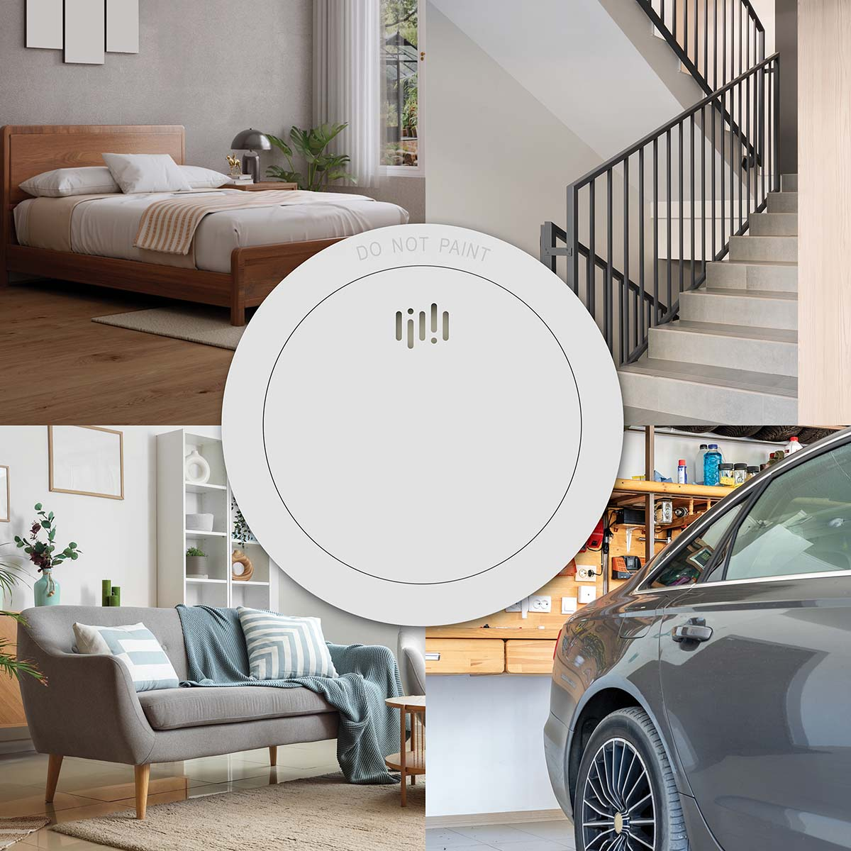 Collage of bedroom, stairs, living room, and garage with smoke detector in center.