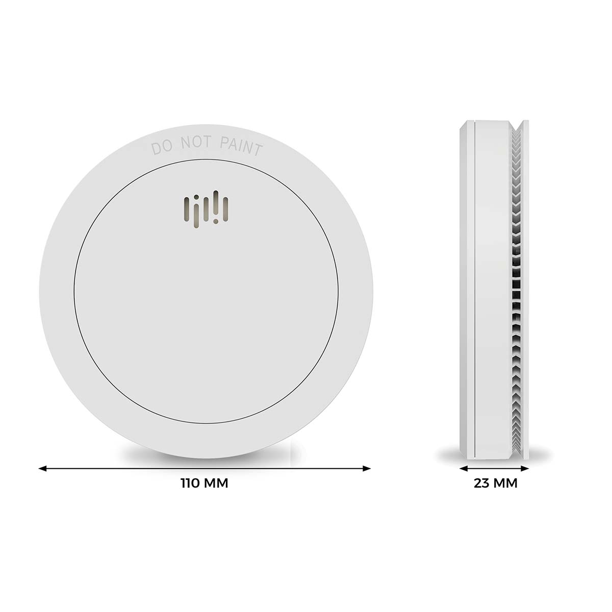 Two white smoke detectors: flat and round, 110mm diameter, and narrow, 23mm thick.