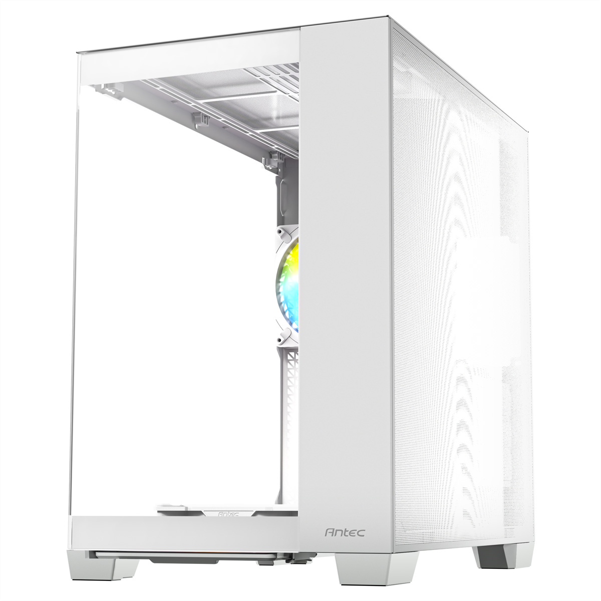 Un case per PC bianco con frontale in vetro e ventola RGB.
