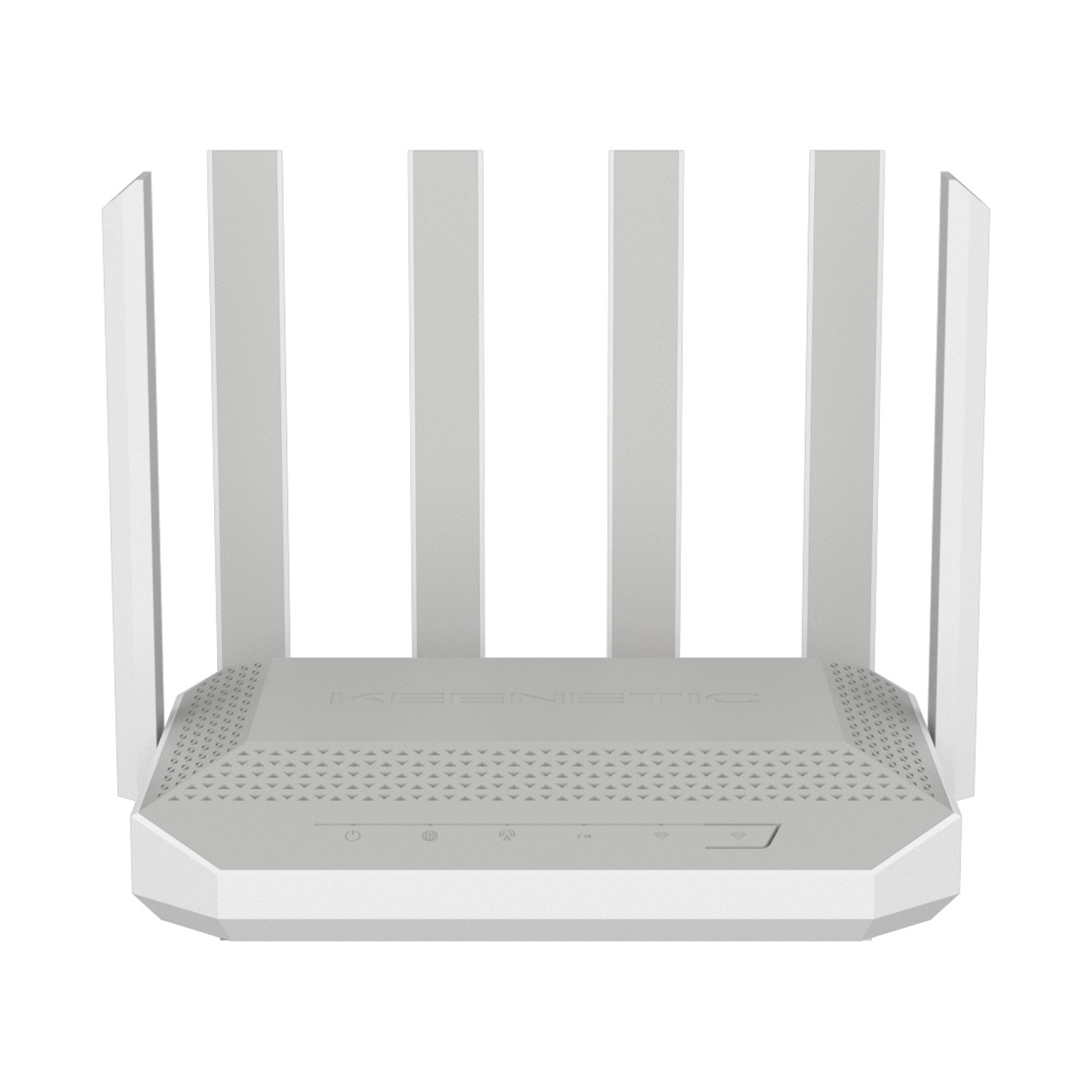 Un router Keenetic bianco con quattro antenne è mostrato su sfondo bianco.