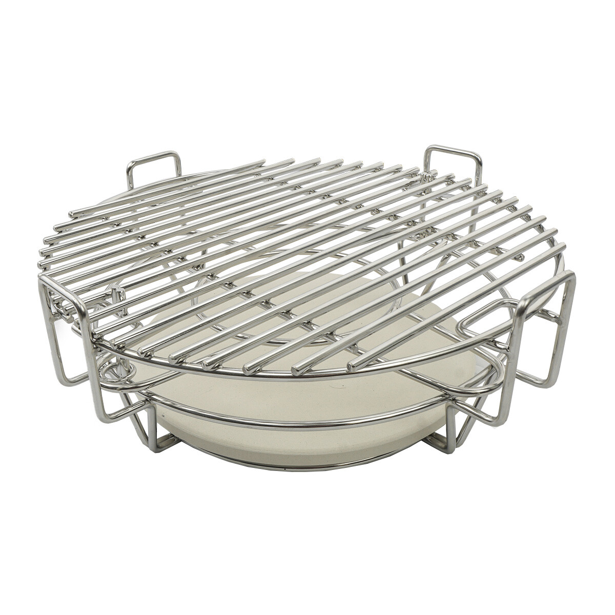 A round, silver metal grill rack sits on a white ceramic base. It has thin bars.