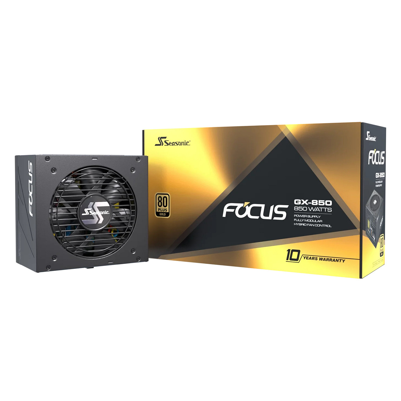 Zasilacz i jego pudełko, oba z napisem Seasonic FOCUS GX-850 850W.