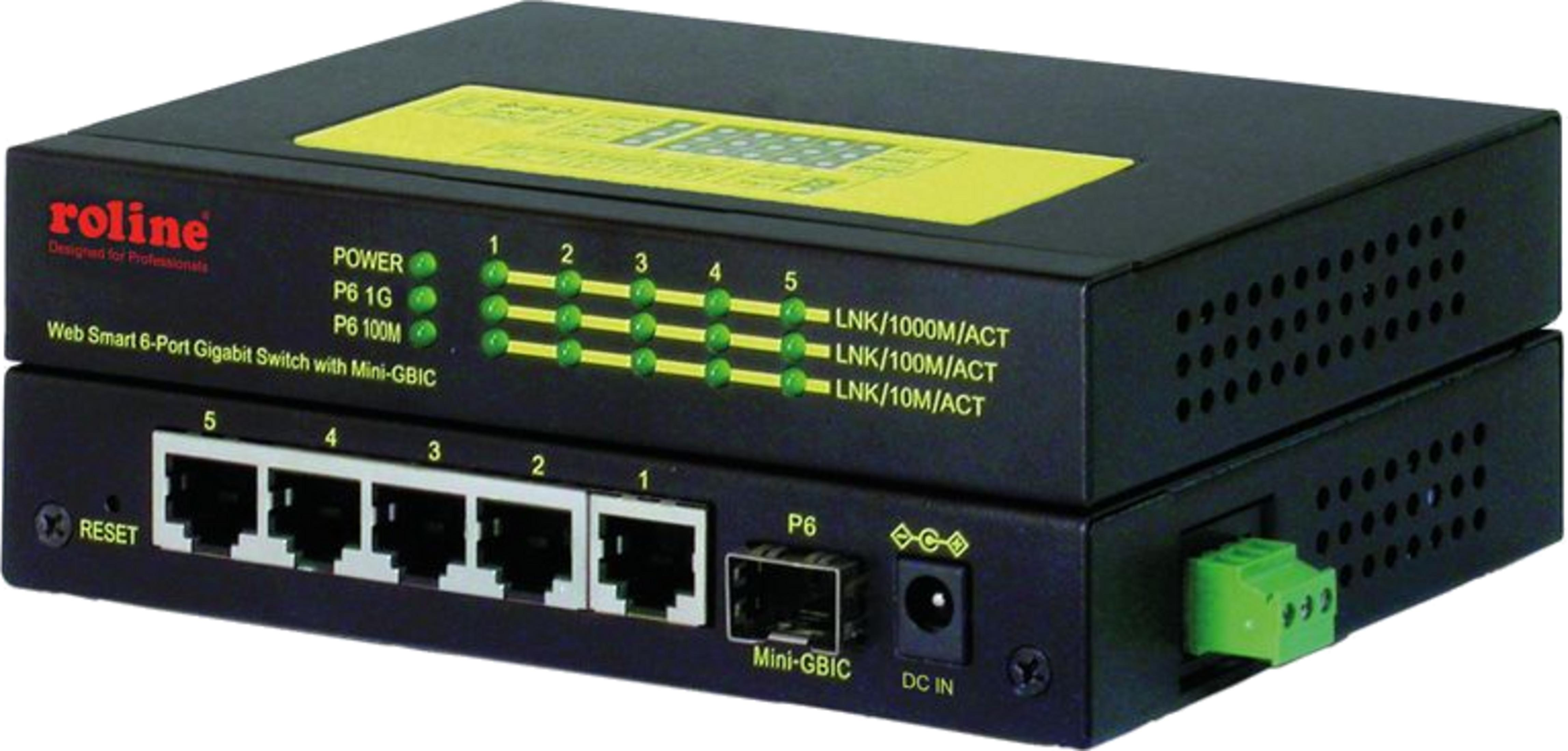 Un switch Gigabit Rolline noir 6 ports avec ports RJ45 et Mini-GBIC.