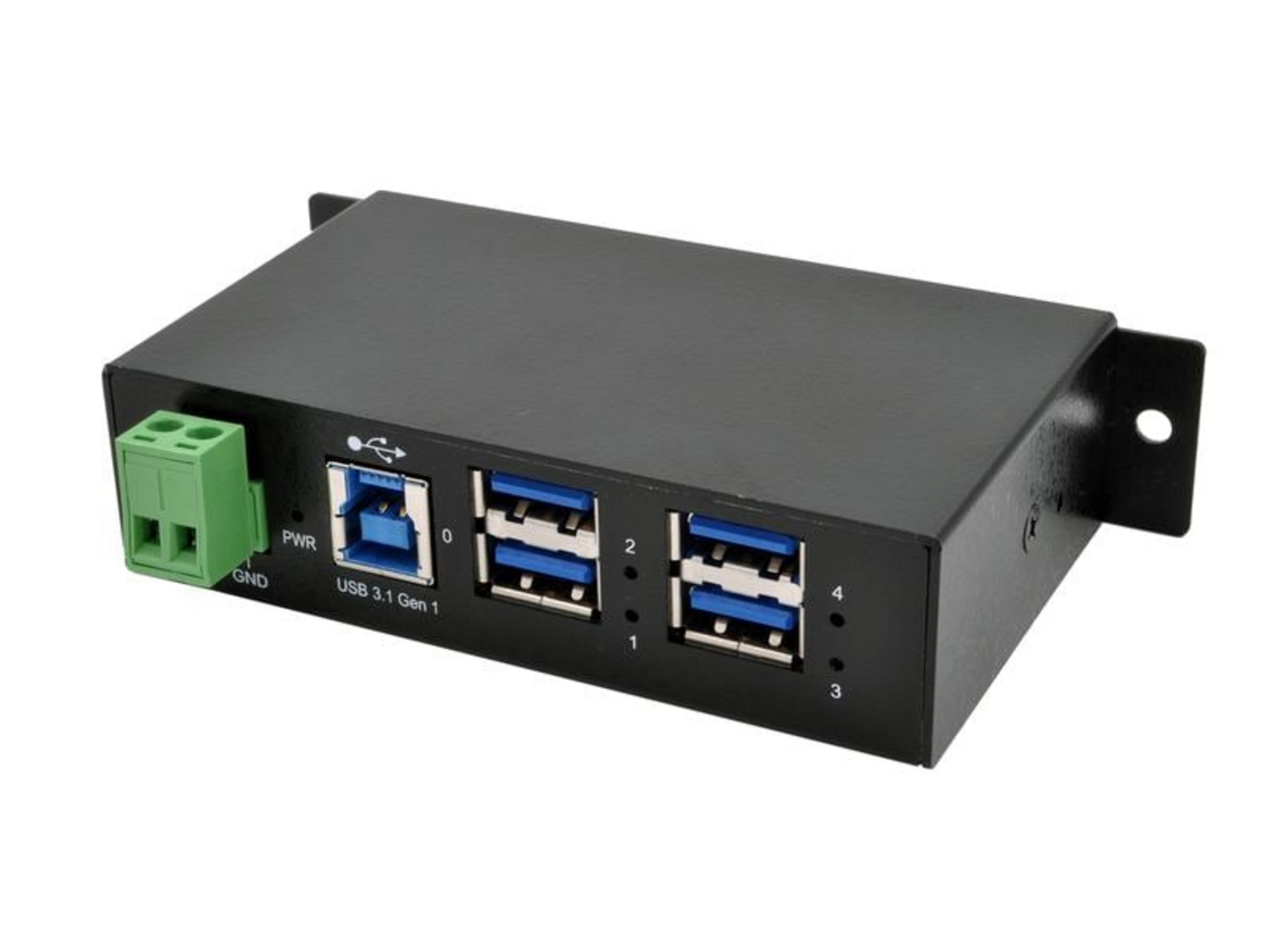 Hub USB 3.1 nero con quattro porte e morsettiera a vite verde.