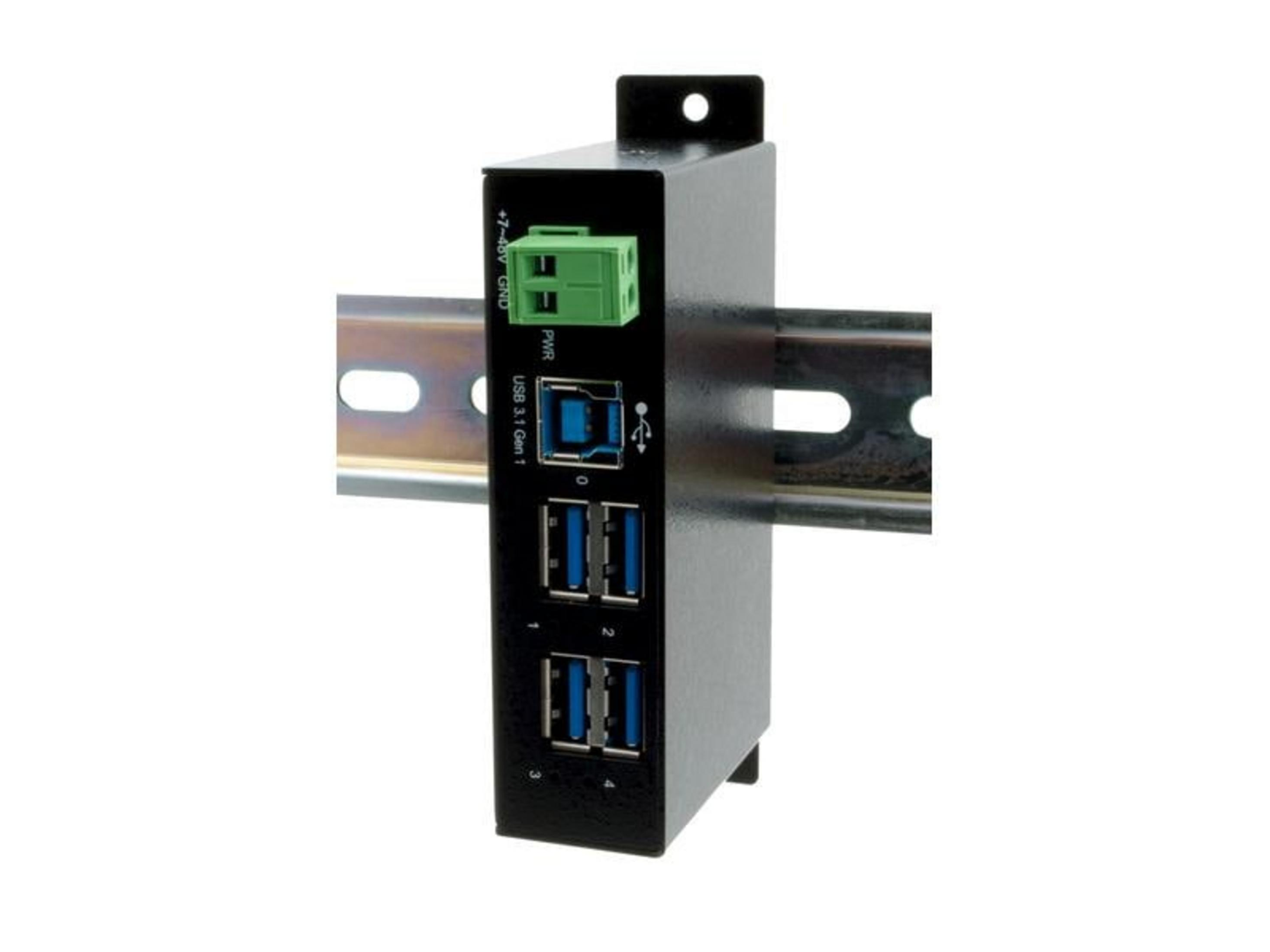 Hub USB 3.1 nero con 4 porte montato su guida DIN.