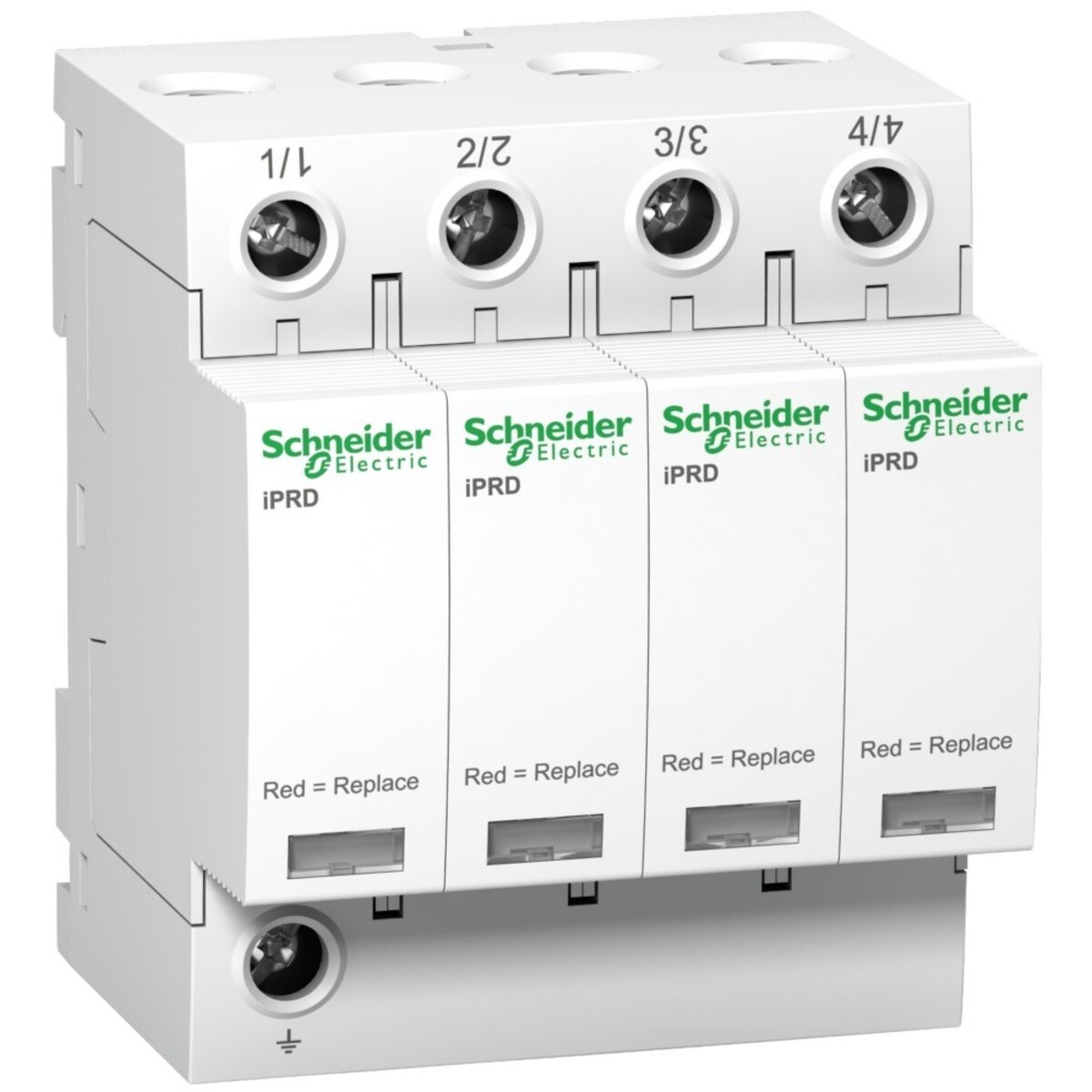 Un scaricatore di sovratensione Schneider Electric iPRD bianco con quattro moduli.