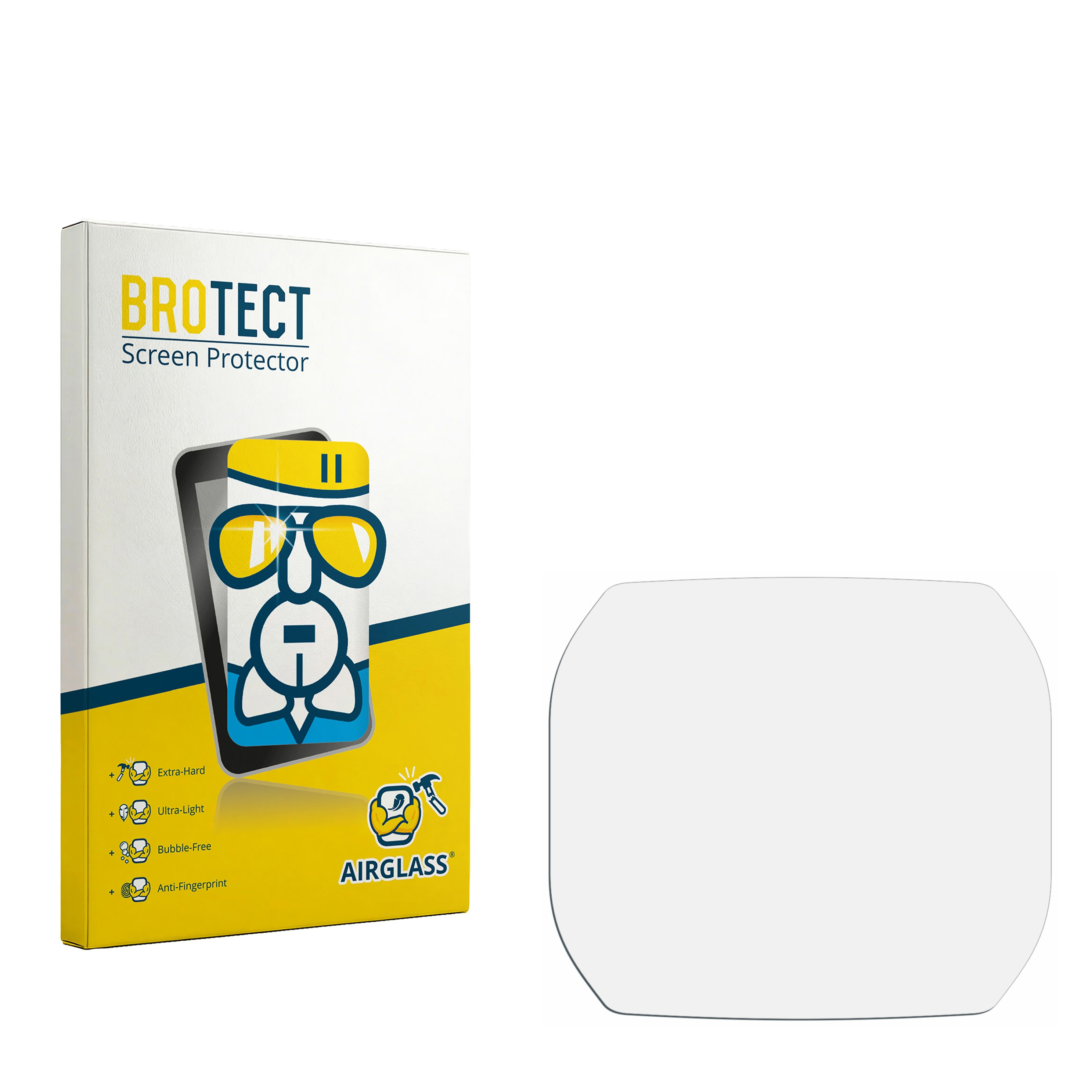 Verpackung und Schutzfolie für ein Smartphone. Blau-gelbes Design.
