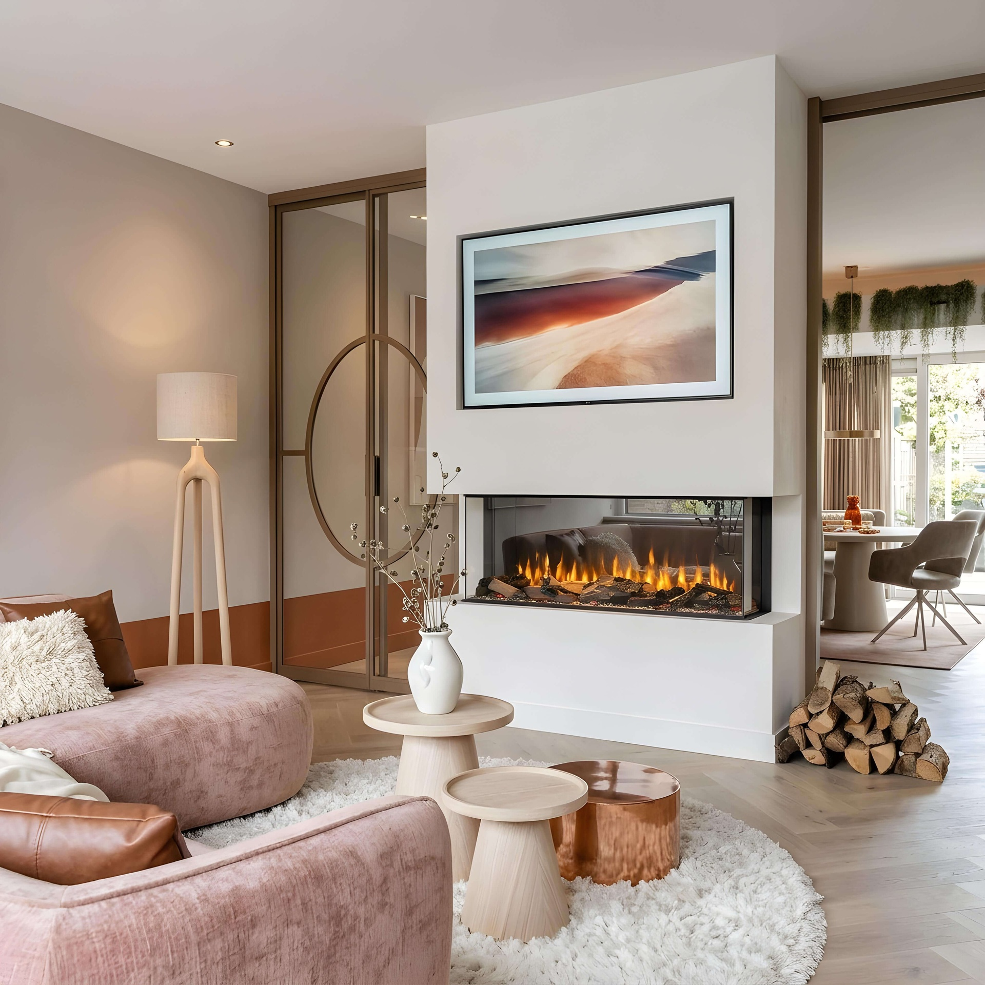 Een moderne woonkamer met roze bank, open haard, tv en eetruimte zichtbaar.