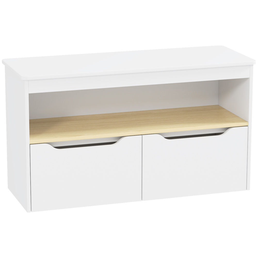 Un mueble blanco con dos cajones y un estante abierto.