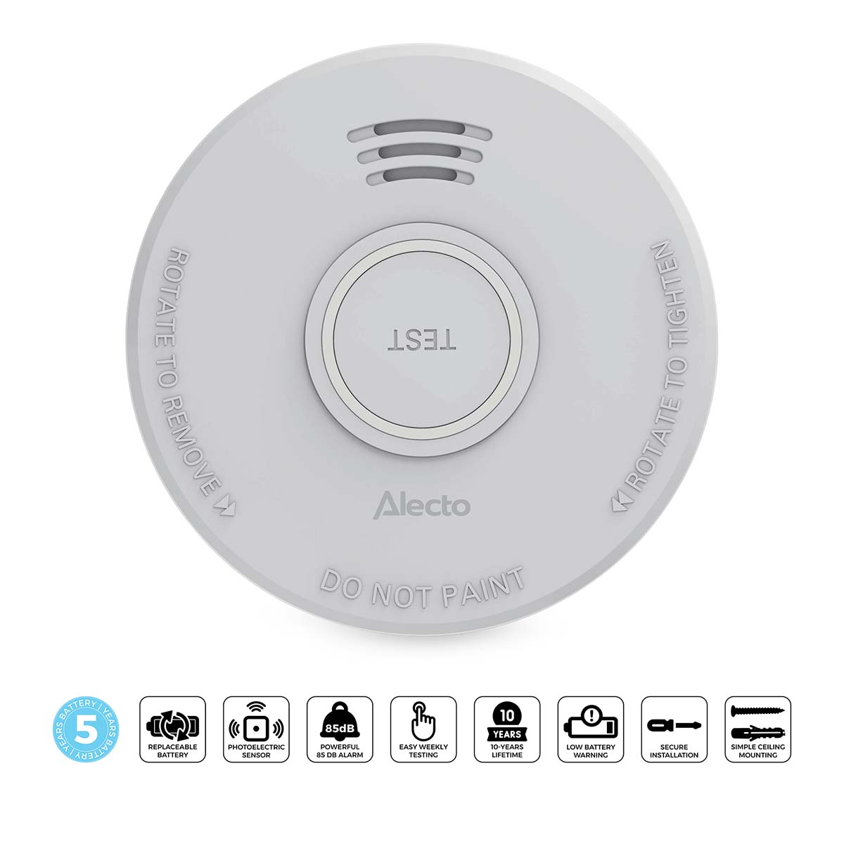 Weißer Alecto-Rauchmelder mit Testknopf und darunter aufgeführten Merkmalen.