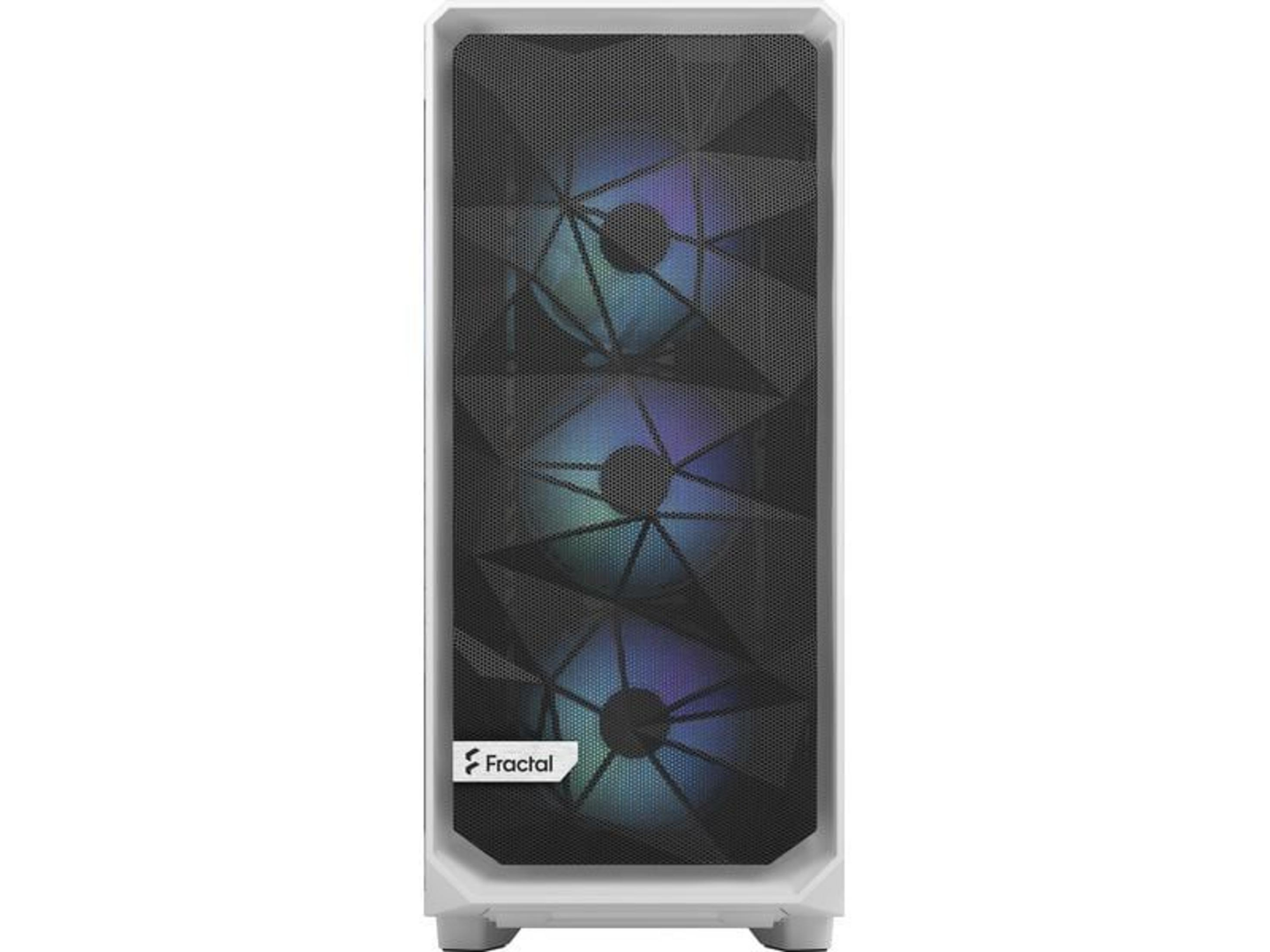 Witte pc-behuizing met drie verlichte ventilatoren achter een gaasfrontpaneel.