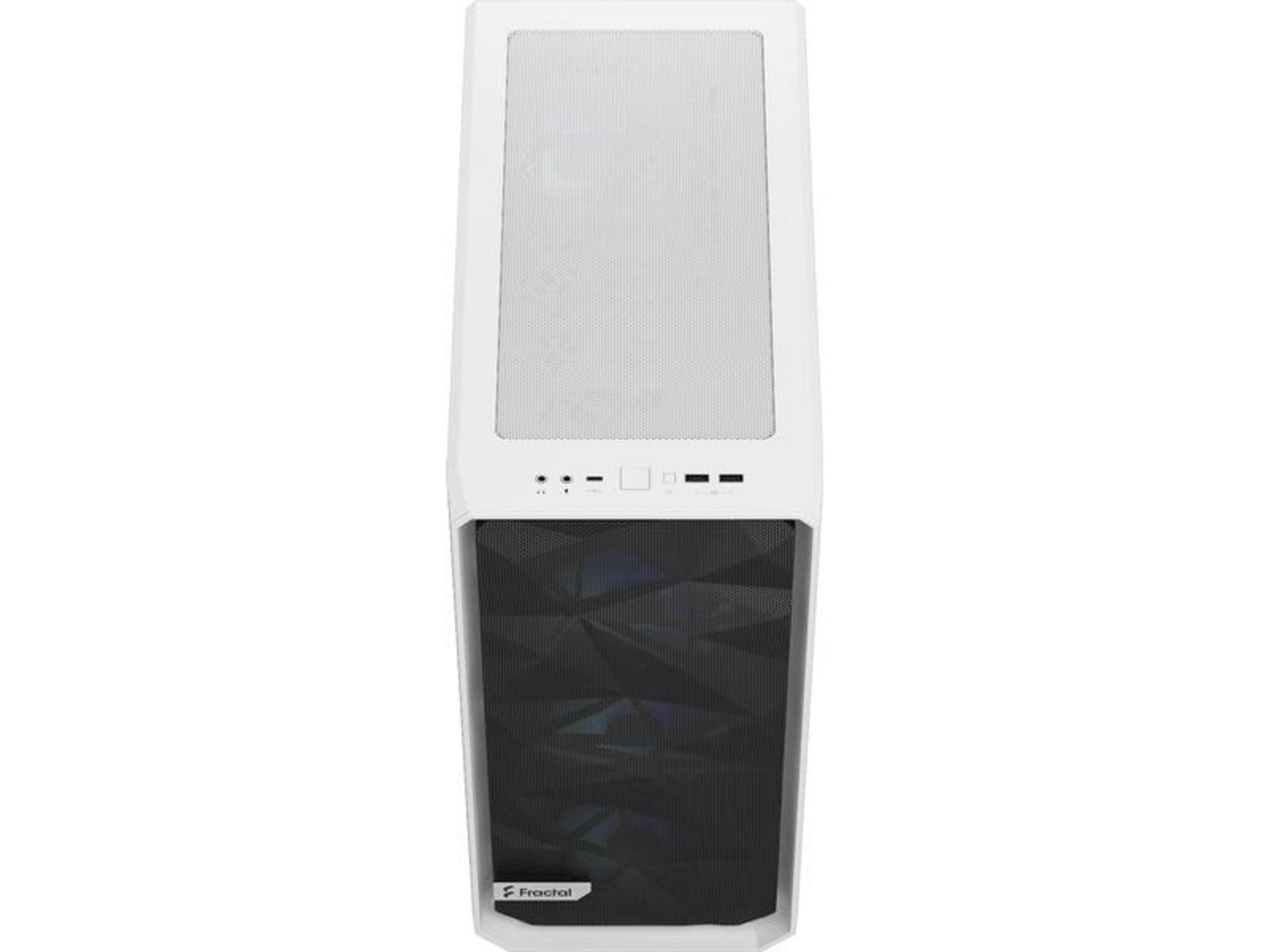 Een witte computerkast met een zwart geometrisch voorpaneel.
