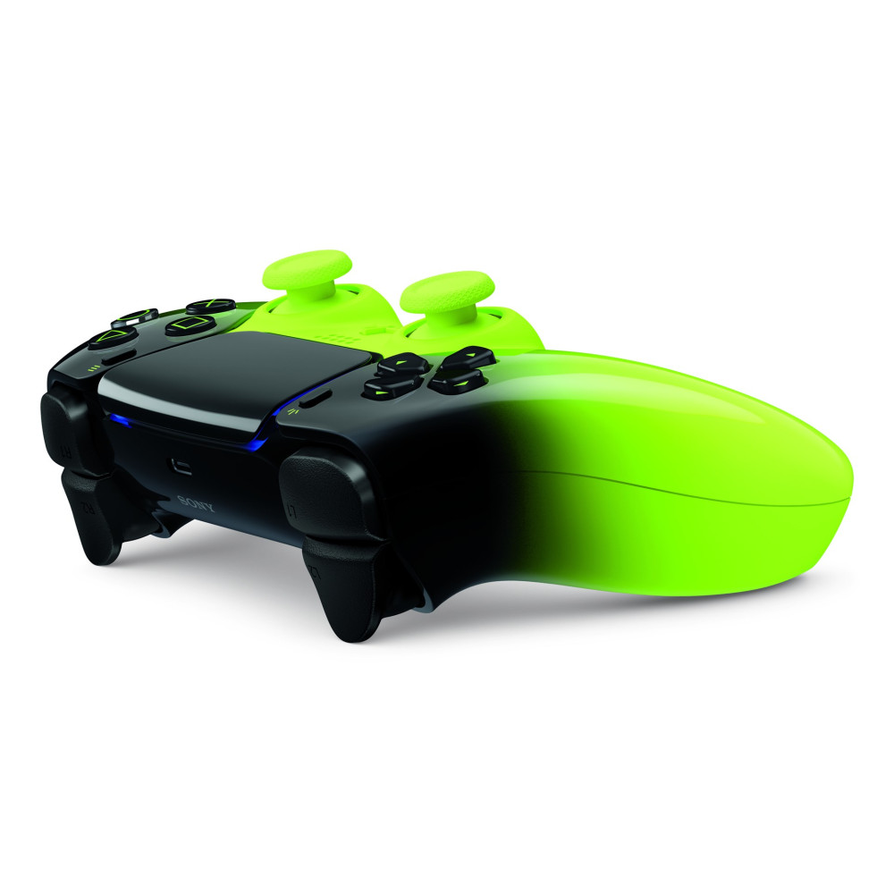 Un controller per videogiochi nero e verde neon con due joystick.