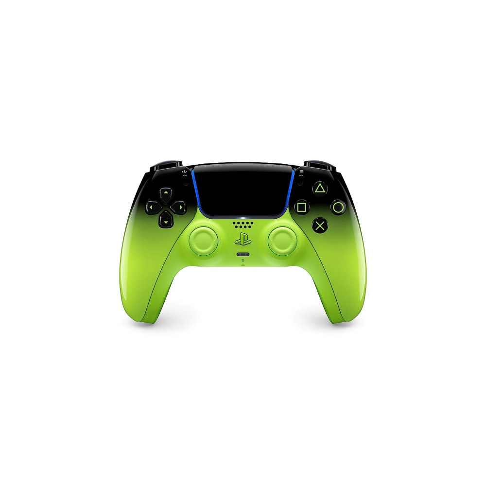 Un controller PS5 nero e verde con accenti luminosi.
