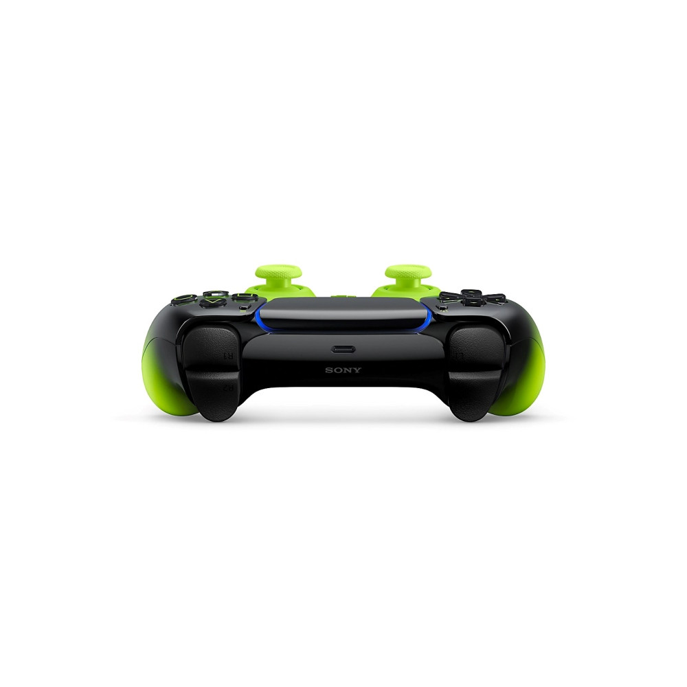 Controller nero con accenti verde brillante e barra luminosa blu.