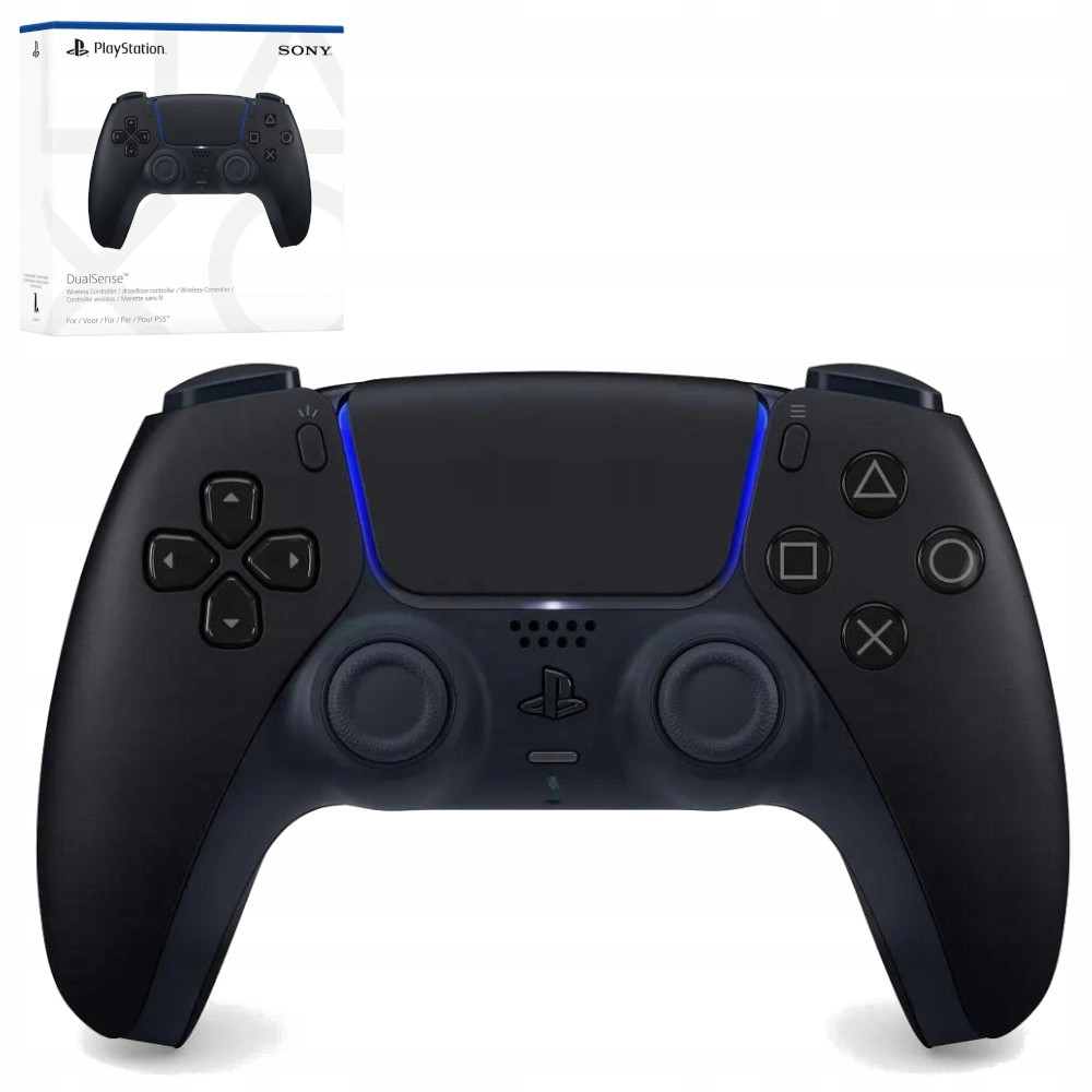 Czarny kontroler PlayStation DualSense z niebieskim podświetleniem, obok pudełka.