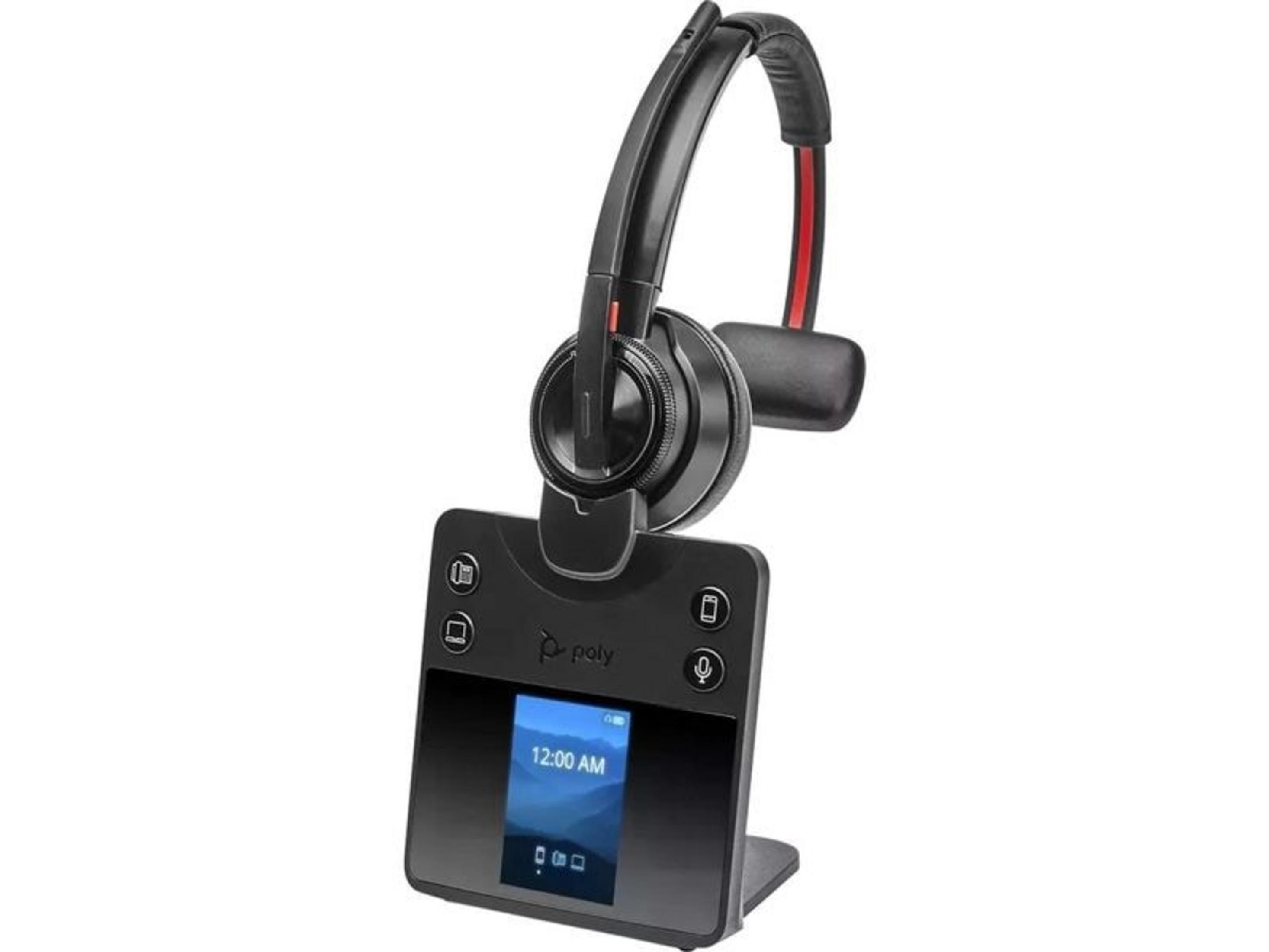Un auricolare nero con microfono su una base di ricarica con schermo.