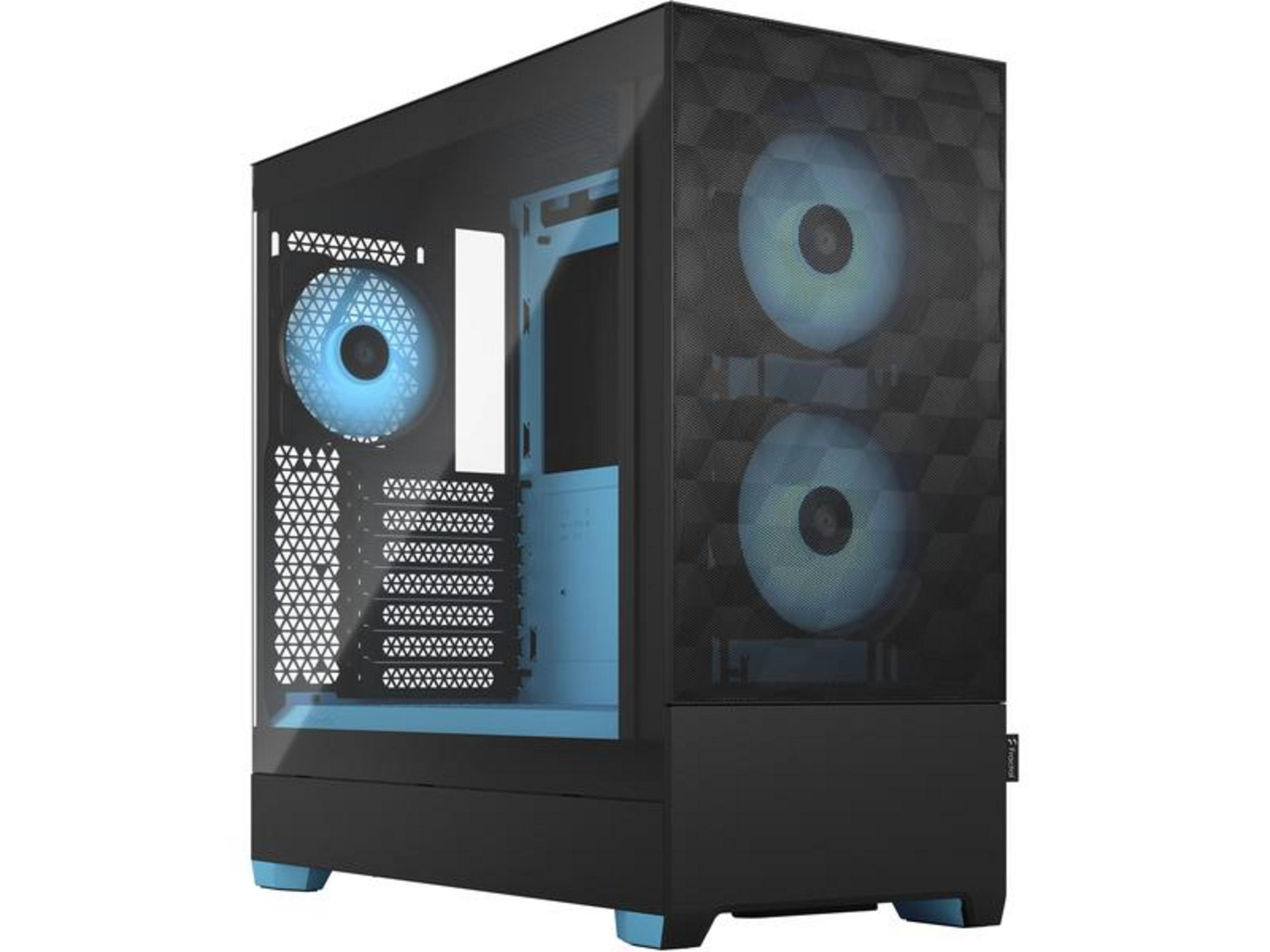 Case PC nero con ventole blu e pannello frontale in vetro.