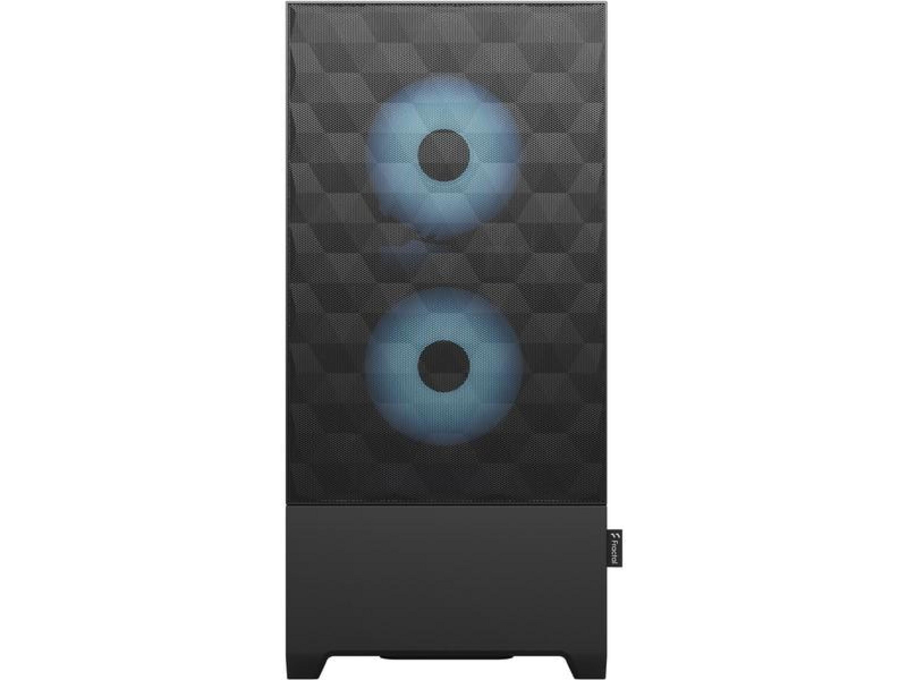 Tower del computer nero con due ventole blu illuminate e motivo esagonale.