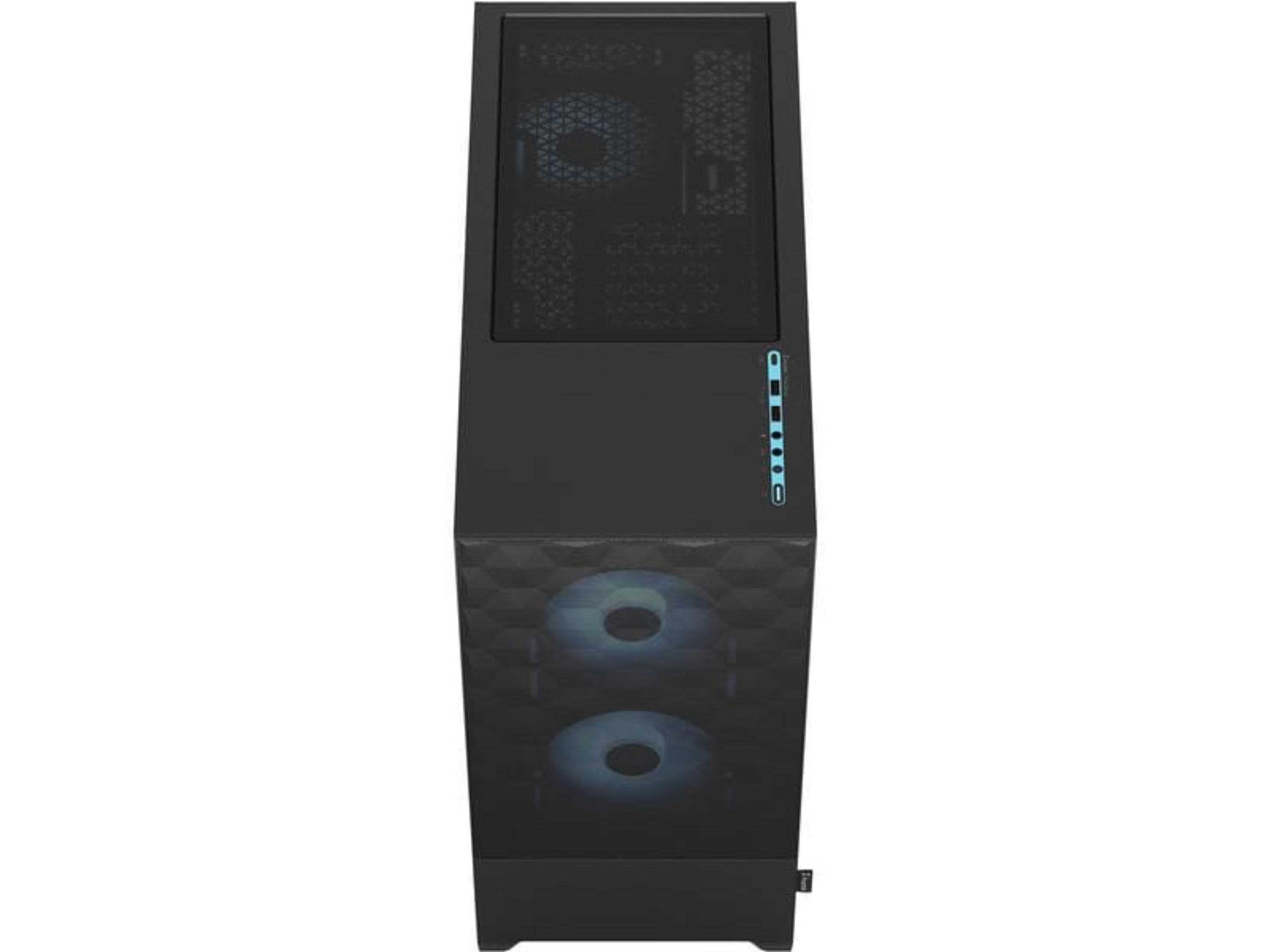 Un case PC nero con ventole illuminate e pannello di controllo.