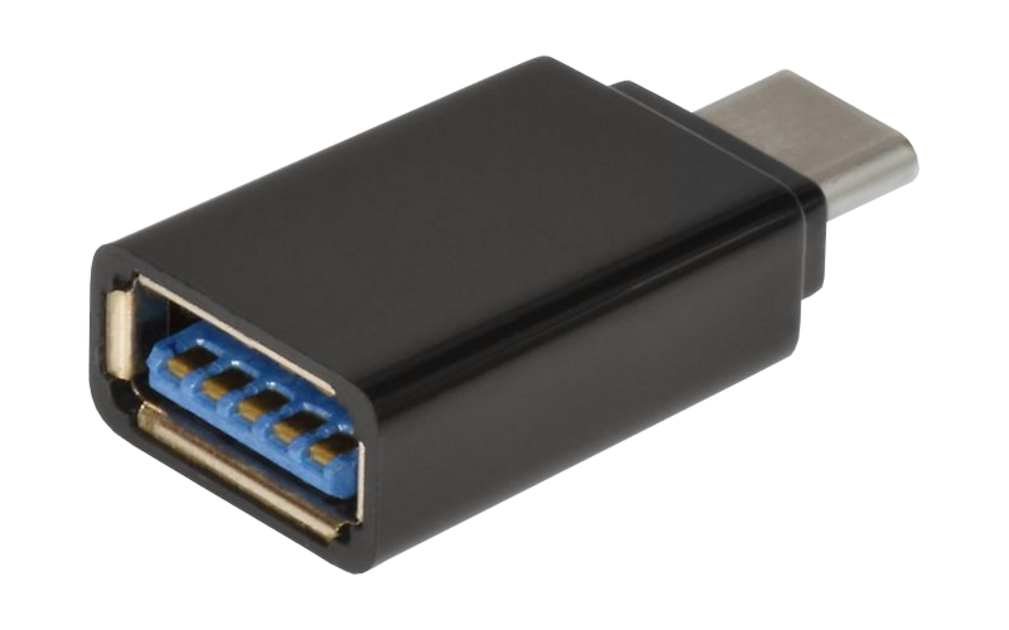 Adattatore USB-C nero con porta USB-A blu e contatti argentati.