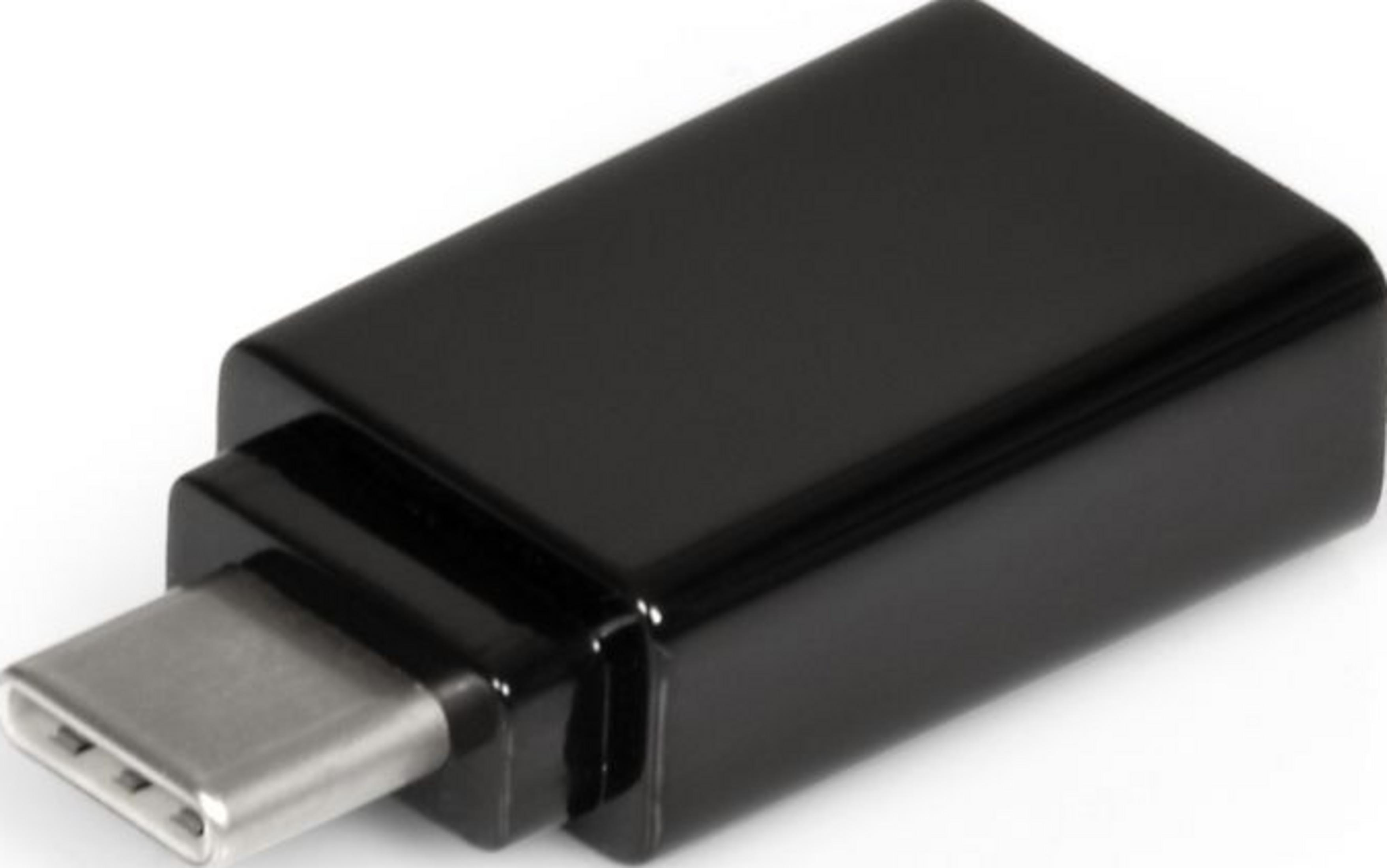 Un adattatore USB-C nero con connettore argentato su sfondo bianco.