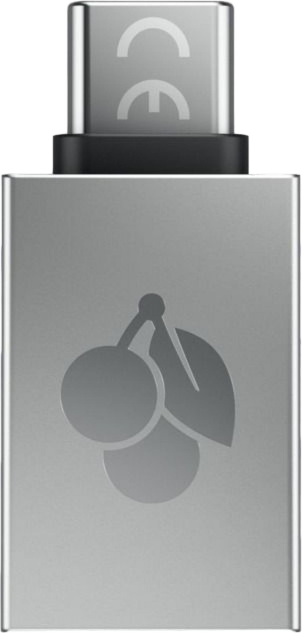 Chiavetta USB-C argentata con logo ciliegia e marchio CE sopra.