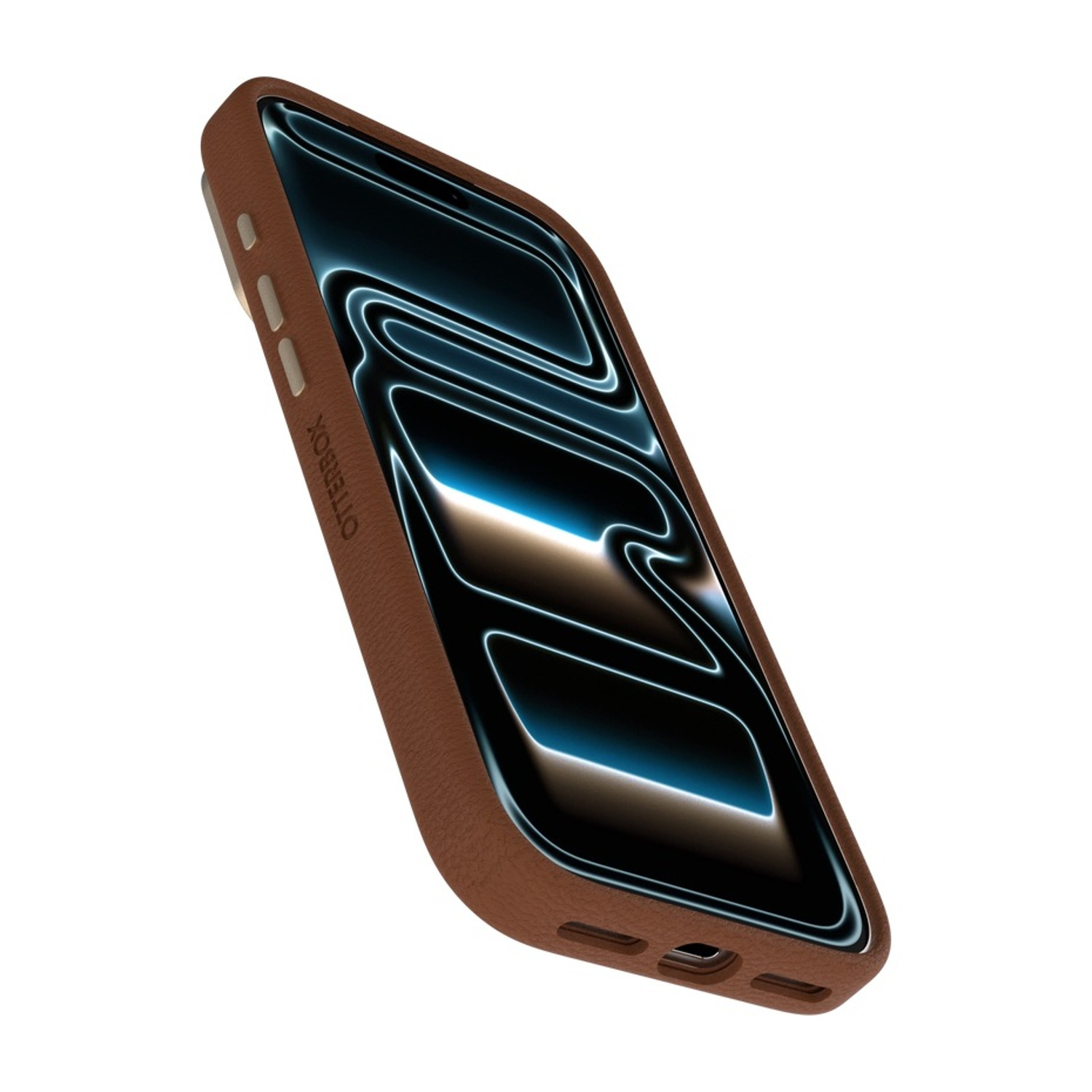Bruine leren hoes voor een smartphone met blauw scherm.