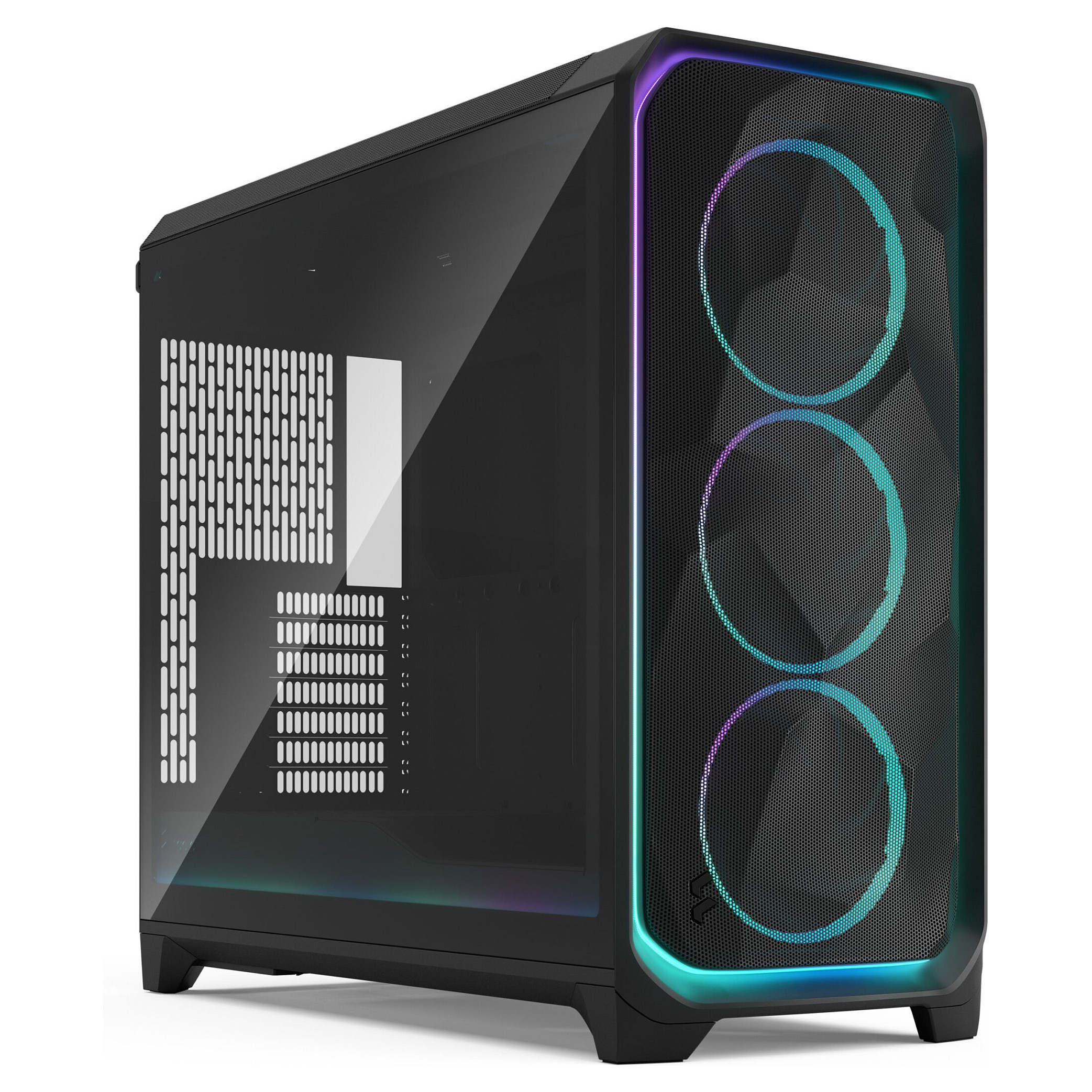 Ein schwarzes PC-Gehäuse mit Glasfront und RGB-Lüftern. Weiße Lüftungsschlitze auf der linken Seite.