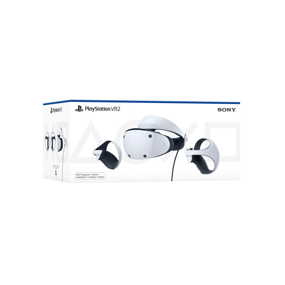 Zestaw PlayStation VR2 na białym pudełku.