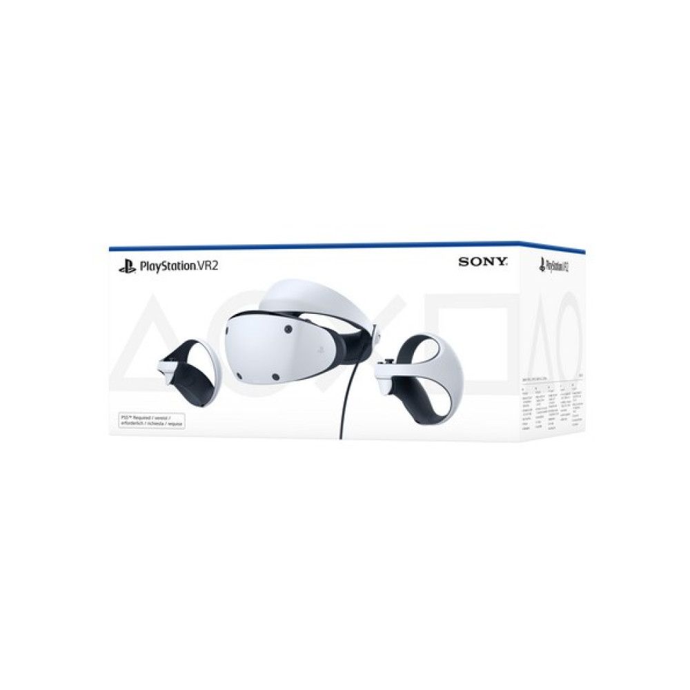Biały zestaw PlayStation VR2 i kontrolery na białym pudełku z logo Sony.