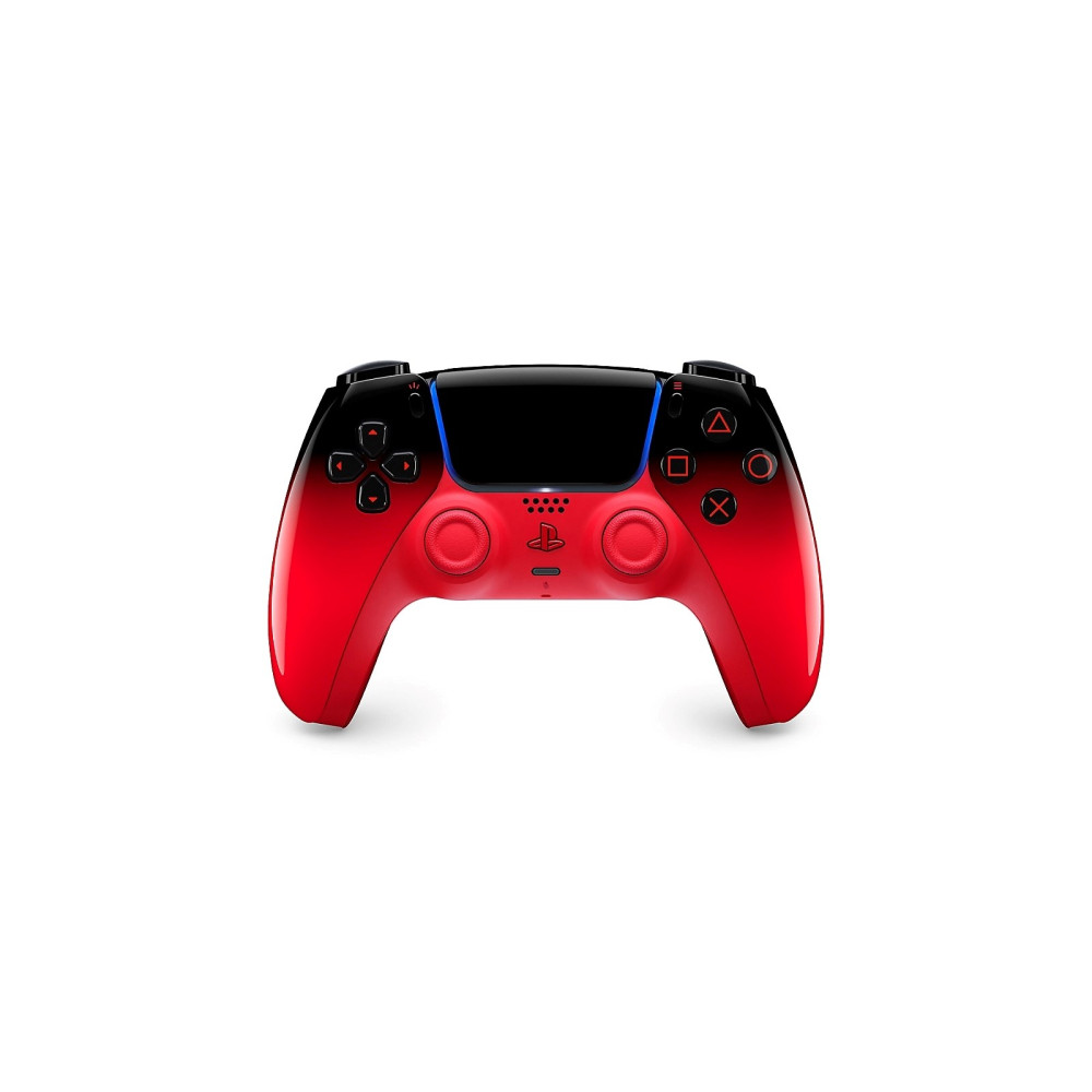 Un controller rosso e nero con accenti blu su sfondo bianco.