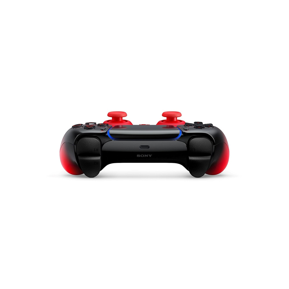 Controller nero con accenti e joystick rossi, dotato di barra luminosa blu.