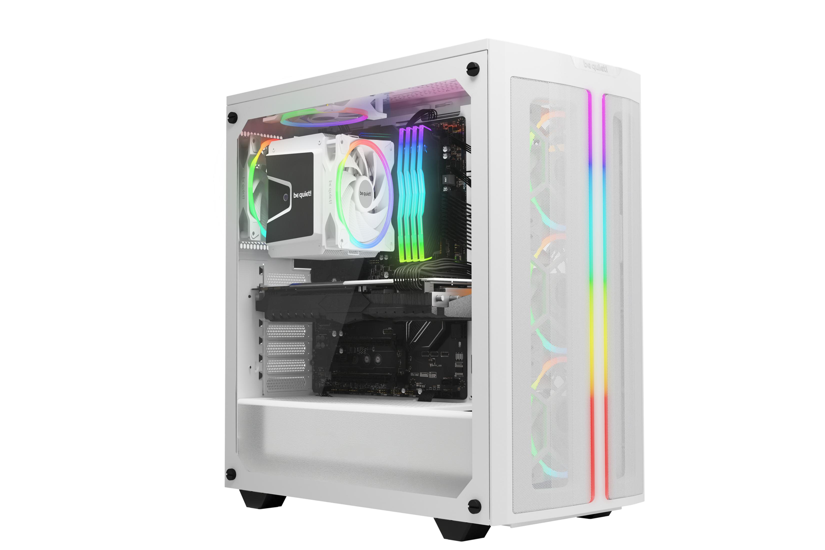 Biała obudowa PC z wentylatorami i podzespołami RGB, podświetlona kolorami tęczy.
