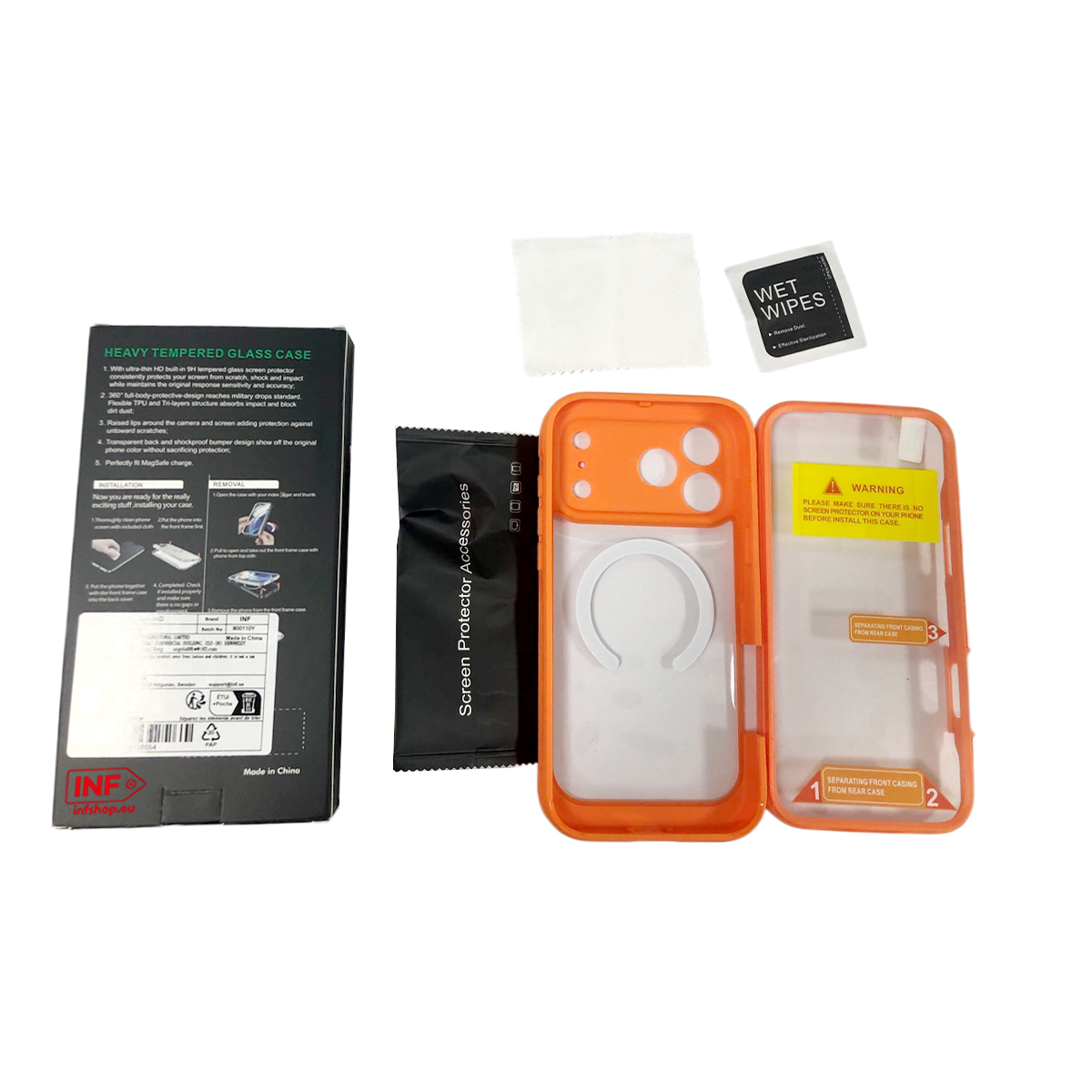 Ein orangefarbenes Handyhülle-Set mit Anleitung und Zubehör.