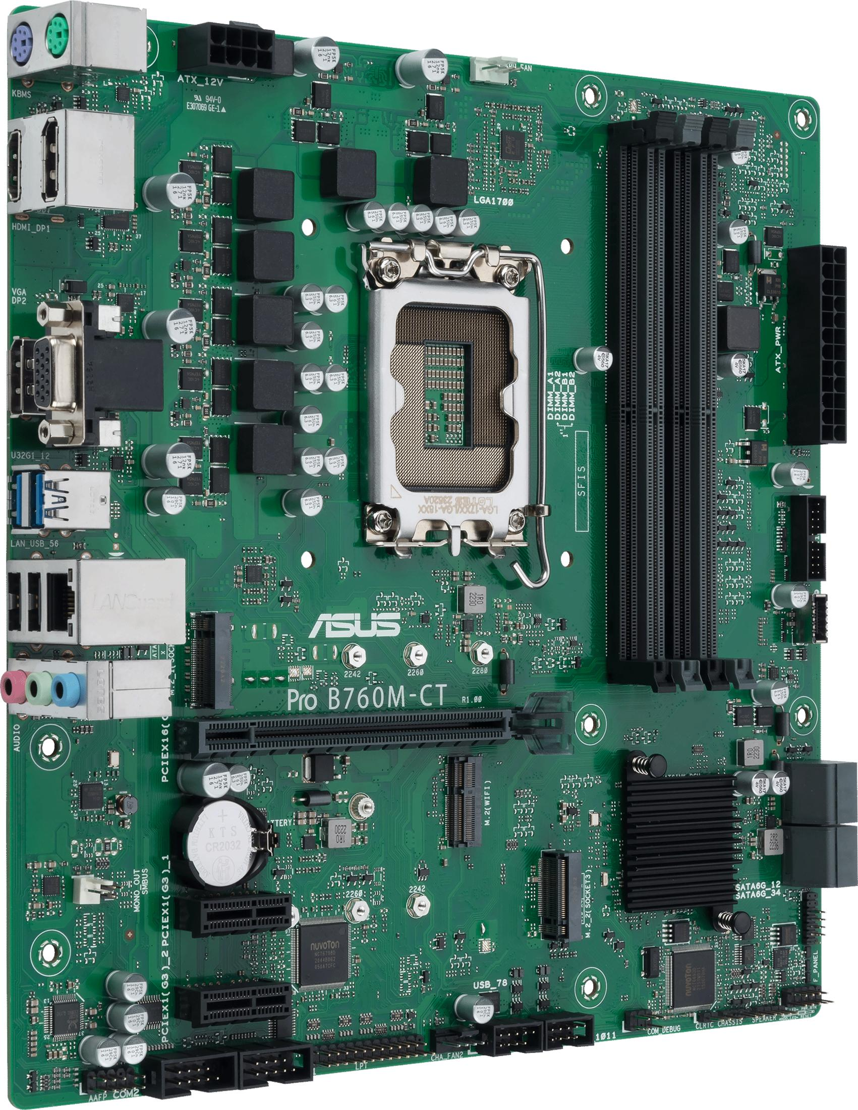 Una scheda madre ASUS Pro B760M-CT con socket CPU, slot RAM e connettori.